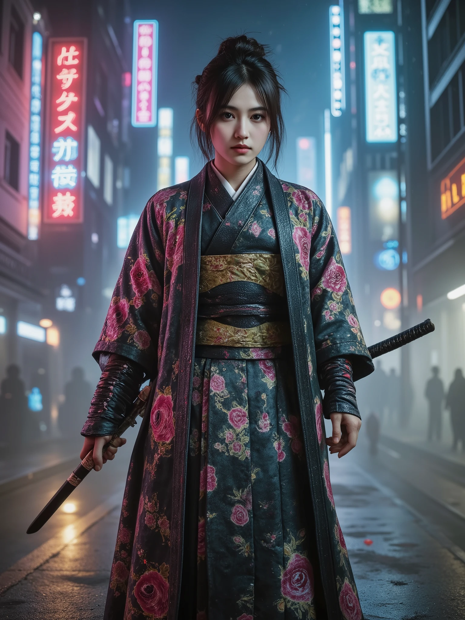 cyberpunk世界の女samurai,日本knives、 High Quality,Realistic,4K,HDR,Ultra Fine,professional,vivid colors,Bokeh,cyberpunk,Japanese,martial arts,Action,samurai,knives,Metal,neon,futuristic city,dark vibe,Strict Expressions