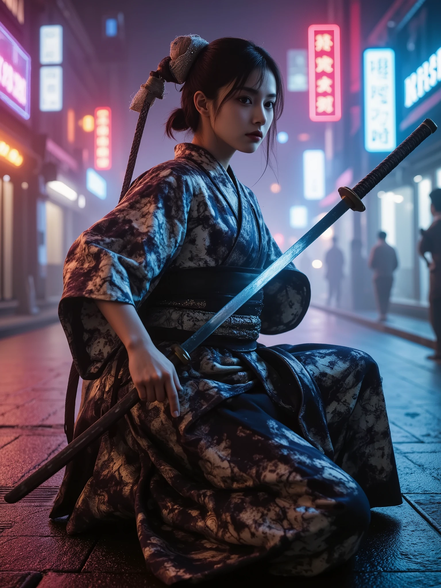 cyberpunk世界の女samurai,日本knives、 High Quality,Realistic,4K,HDR,Ultra Fine,professional,vivid colors,Bokeh,cyberpunk,Japanese,martial arts,Action,samurai,knives,Metal,neon,futuristic city,dark vibe,Strict Expressions