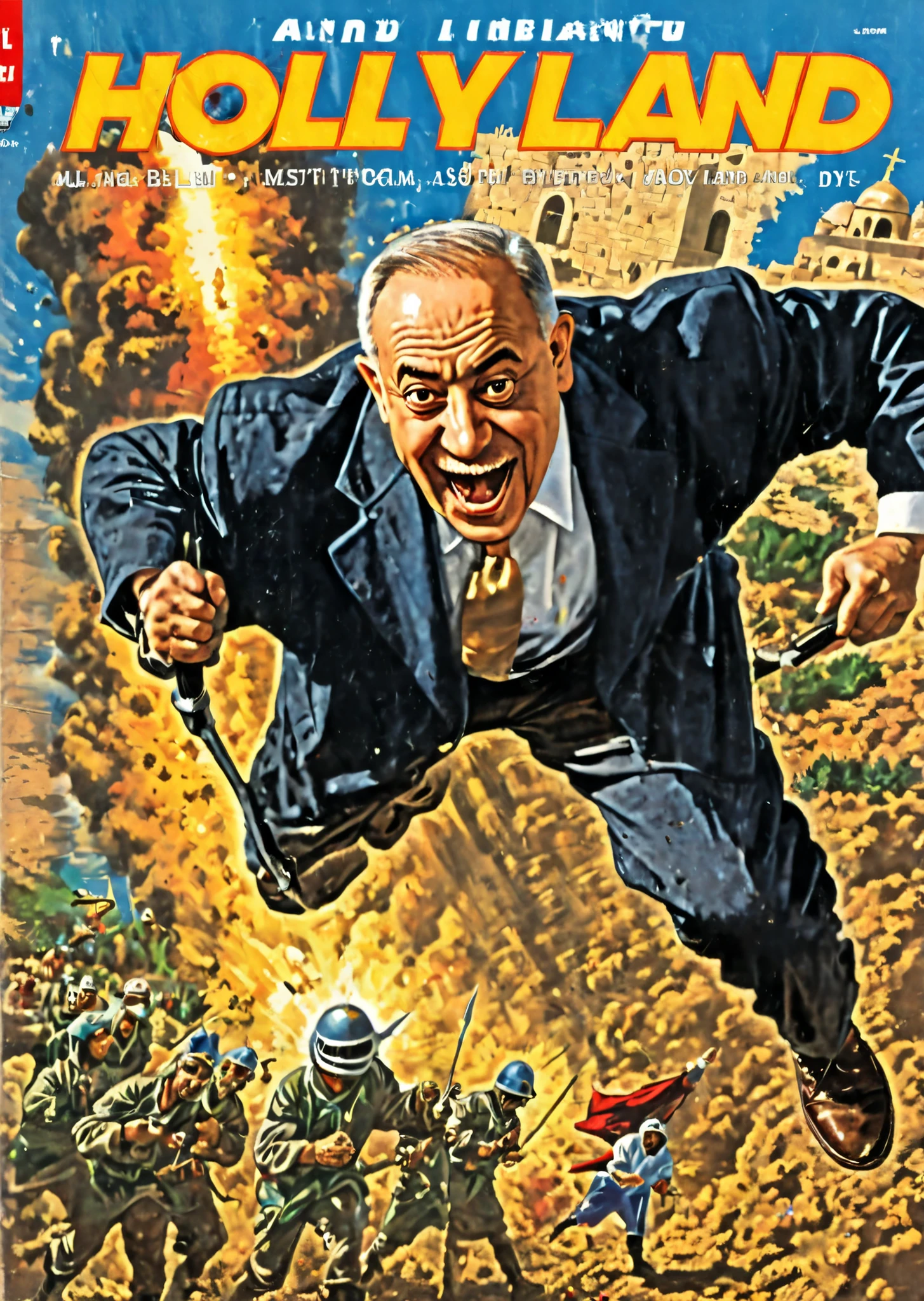 Vintage comic book cover illustration of old and fat Netanyhu exiting and laughing manically over the holy land exploding, The name ('Holy Land':1.75), vintage dirt, dirt of aging, vintage color:1.2, vivid red,