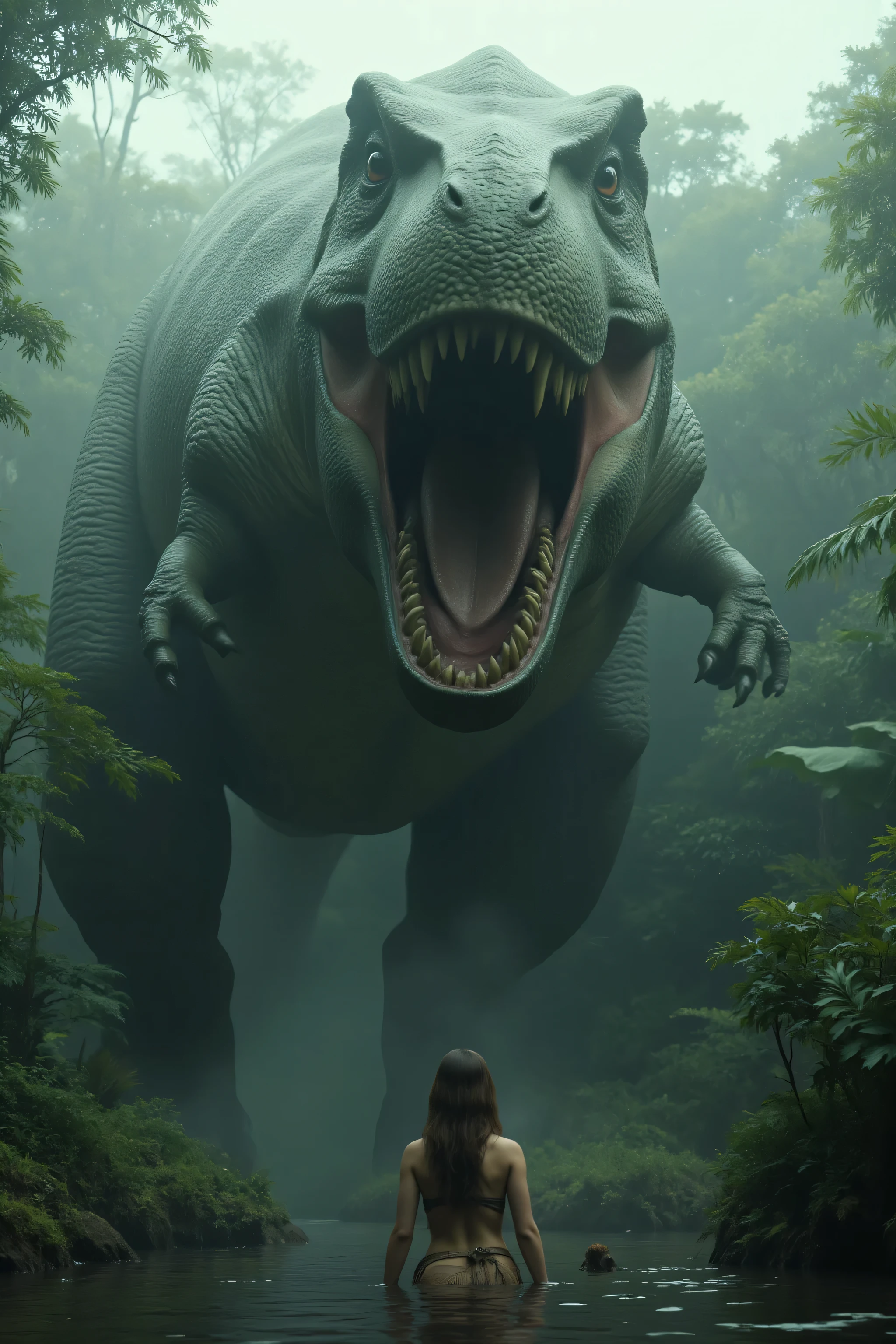 Ultra-realistic, photo-realistic, ultra-detailed, physically-based rendering, in a misty primordial forest, a towering Tyrannosaurus rex dominates the scene, its massive mouth open wide, revealing sharp, menacing teeth. The dinosaur's textured skin is a dark shade of green, blending seamlessly with the lush vegetation surrounding it. Opposite the creature stands a lone cavewoman of approximately 20 years old, her back to the viewer. She wears minimal clothing—a makeshift skirt constructed from woven animal skins—and her long hair cascades down past her waist. The water in which she stands reaches her calves, adding a reflective sheen to the earth-toned surroundings. Her posture is tense, as she confronts this prehistorically imposing figure, capturing a moment of raw fear and awe. The atmosphere is thick with humid anticipation, set under a diffuse and overcast light, hinting at early morning or late evening in this prehistoric paradise. A young cavewoman in the water with a gigantic T Rex standing in front of her, movie still 8k, still from a live action movie, still from a fantasy movie, movie still, epic scene, epic vfx shot, adventure hyper realistic render, cinematic, cinematic photograph, concept art, jurassic image, highly detailed vfx scene, realistic cinematic shot