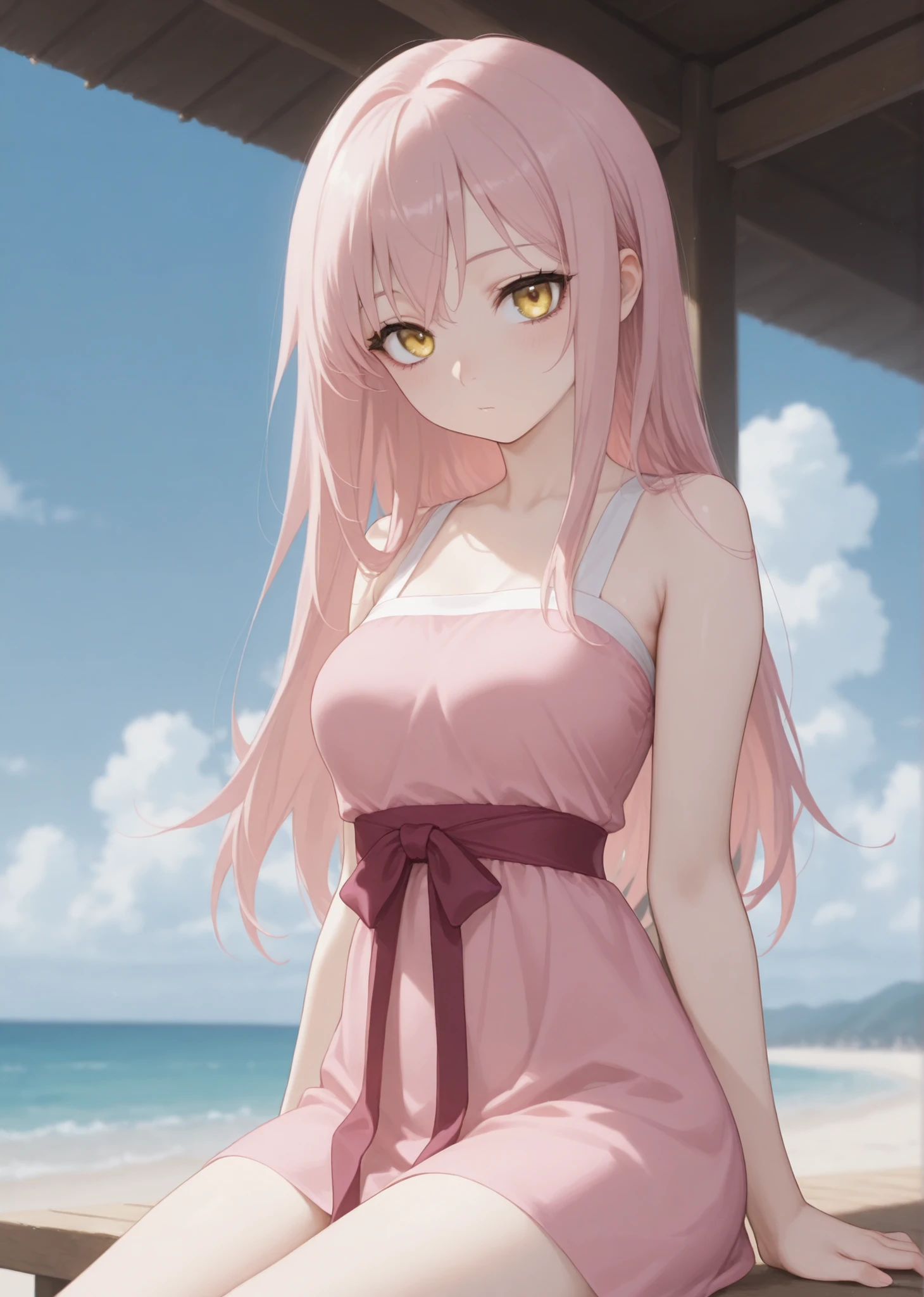 Masterpiece, Newest, Best Resolution, HD Quality, Good Lighting, Safe. Beautiful, Adult, Anime, Good Anatomy, Normal. Pale Pink Hair, Hair Length Below Shoulders. Golden Yellow Eyes. Dark Eyelashes, Fair Skin, Flushed Cheeks, Slim Build, Medium Breasts Size D. She is 24 years old, 1'65 cm tall. Looking At Viewer, Alone, Background: Cloudy Day, Beach, Sea, Sitting On Pier. Wearing Clothes: Traditional Hanfu.