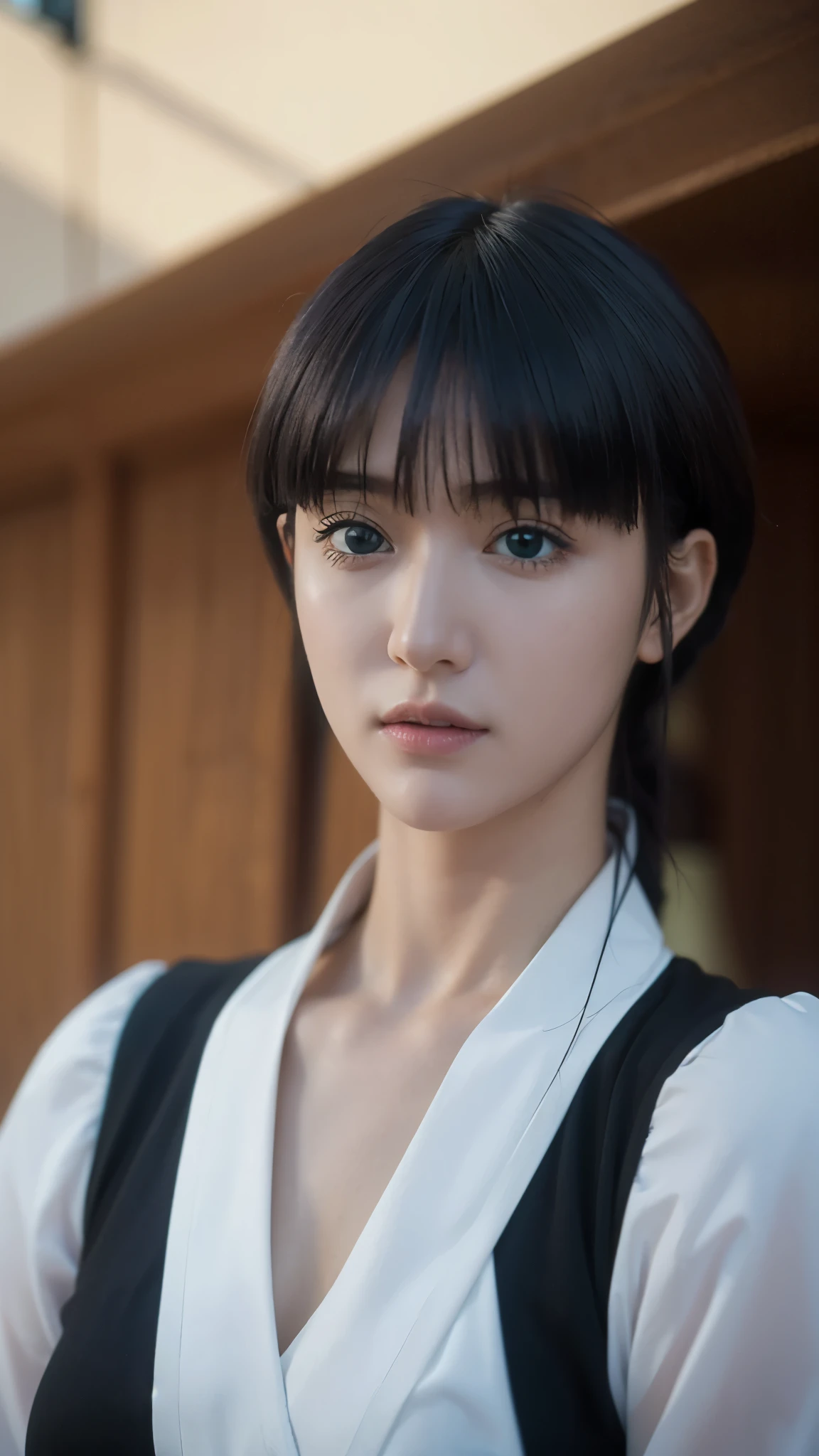 Hyper-realistic, ultra-detailed half-body portrait of Nemu Kurotsuchi from Bleach, a beautiful woman with pale skin, straight long black hair with blunt bangs, and striking deep eyes. She is wearing her traditional black Soul Reaper uniform with a white sash, rendered with fine fabric textures and subtle shadows. Her expression is calm and mysterious, with delicate facial features and lifelike skin details. The background is softly blurred to emphasize her presence, cinematic lighting highlighting her face and outfit, ultra-realistic anime style, photorealistic, super detail, 8K quality