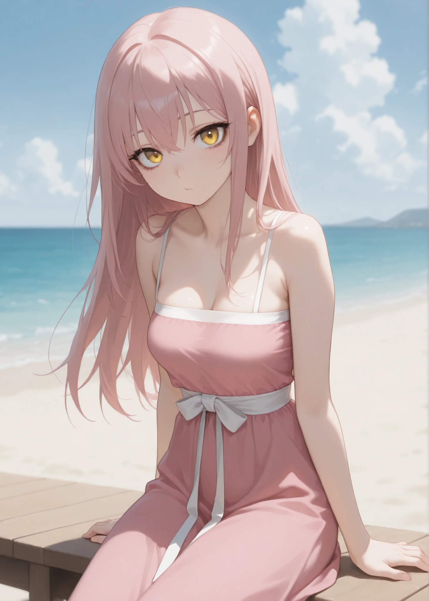 Masterpiece, Newest, Best Resolution, HD Quality, Good Lighting, Safe. Beautiful, Adult, Anime, Good Anatomy, Normal. Pale Pink Hair, Hair Length Below Shoulders. Golden Yellow Eyes. Dark Eyelashes, Fair Skin, Flushed Cheeks, Slim Build, Medium Breasts Size D. She is 24 years old, 1'65 cm tall. Looking At Viewer, Alone, Background: Cloudy Day, Beach, Sea, Sitting On Pier, Looking at the Horizon. Wearing Clothes: Traditional Hanfu.
