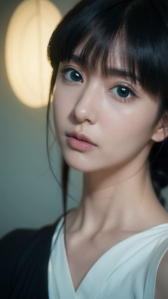 Hyper-realistic, ultra-detailed half-body portrait of Nemu Kurotsuchi from Bleach, a beautiful woman with pale skin, straight long black hair with blunt bangs, and striking deep eyes. She is wearing her traditional black Soul Reaper uniform with a white sash, rendered with fine fabric textures and subtle shadows. Her expression is calm and mysterious, with delicate  features and lifelike skin details. The background is softly blurred to emphasize her presence, cinematic lighting highlighting her face and outfit, ultra-realistic anime style, photorealistic, super detail, 8K quality