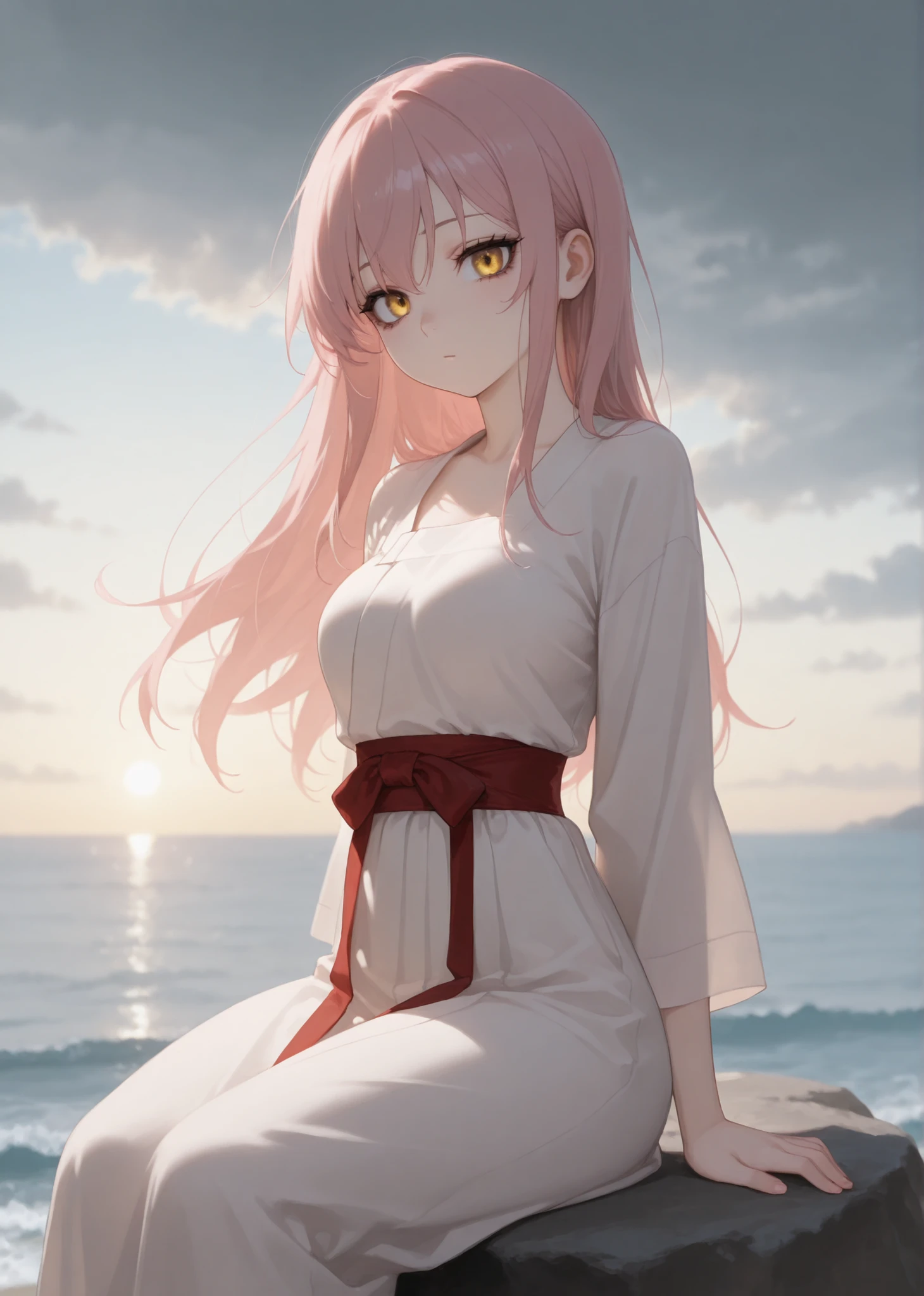 Masterpiece, Newest, Best Resolution, HD Quality, Good Lighting, Safe. Beautiful, Adult, Anime, Good Anatomy, Normal. Pale Pink Hair, Hair Length Below Shoulders. Golden Yellow Eyes. Dark Eyelashes, Fair Skin, Flushed Cheeks, Slim Build, Medium Breasts Size D. She is 24 years old, 1'65 cm tall. Looking At Viewer, Alone, Background: Cloudy Day, Sea, She Sitting on a Rock, Looking at the Horizon. Wearing Clothes: Traditional Hanfu.