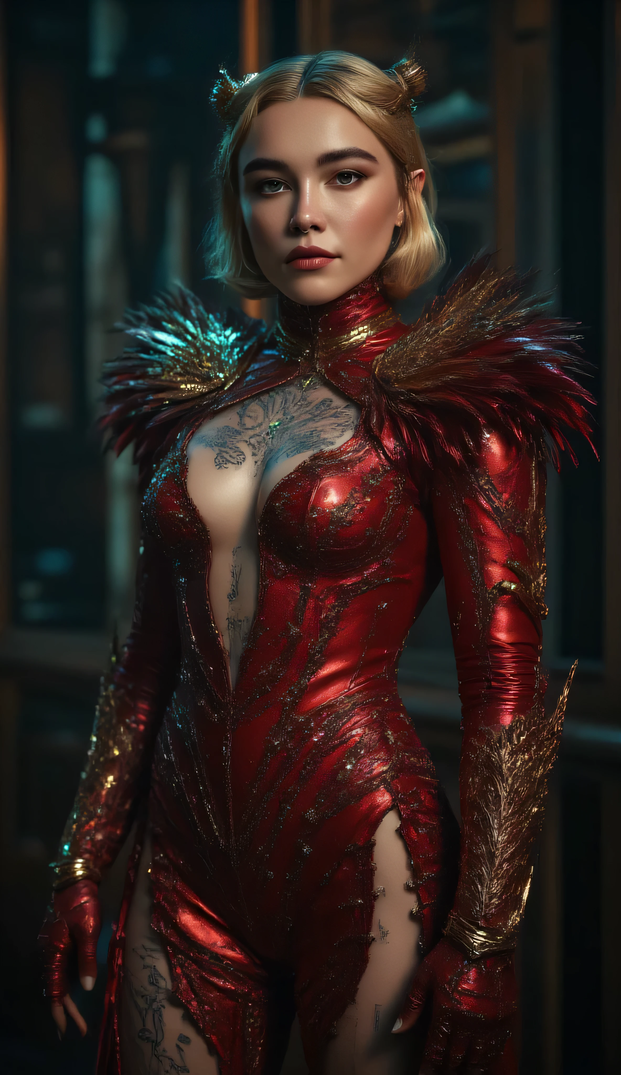 Florence Pugh as Shannon, God Hand, beautiful sorceress, bob blonde hair, hair buns, pointed elf-like ears, small horns, wearing intricate fantasy deep crimson bodysuit, ornate gold patterns and accents, designed like segmented armor fused with fabric, open chest design, plunging cut, symmetrical decorative clasps, revealing glowing green tattoos across her body, high flared collar rises dramatically behind her head, resembling demonic wings, arms are protected by crimson bracers with layered gold bands, extending almost to her elbows, bodysuit has cut-out sections along the thighs and abdomen, framed by crimson armor-like plating with circular embossed motifs, exposing more glowing green tattoos beneath, wears sharp high-heeled boots that merge seamlessly with the bodysuit’s design, seductive elegance overall look, dark gothic demonic aesthetic, stands, shadowy gothic hall, cinematic lighting highlighting, curves and metallic sheen, ultra-detailed, 4k, wotr_portrait