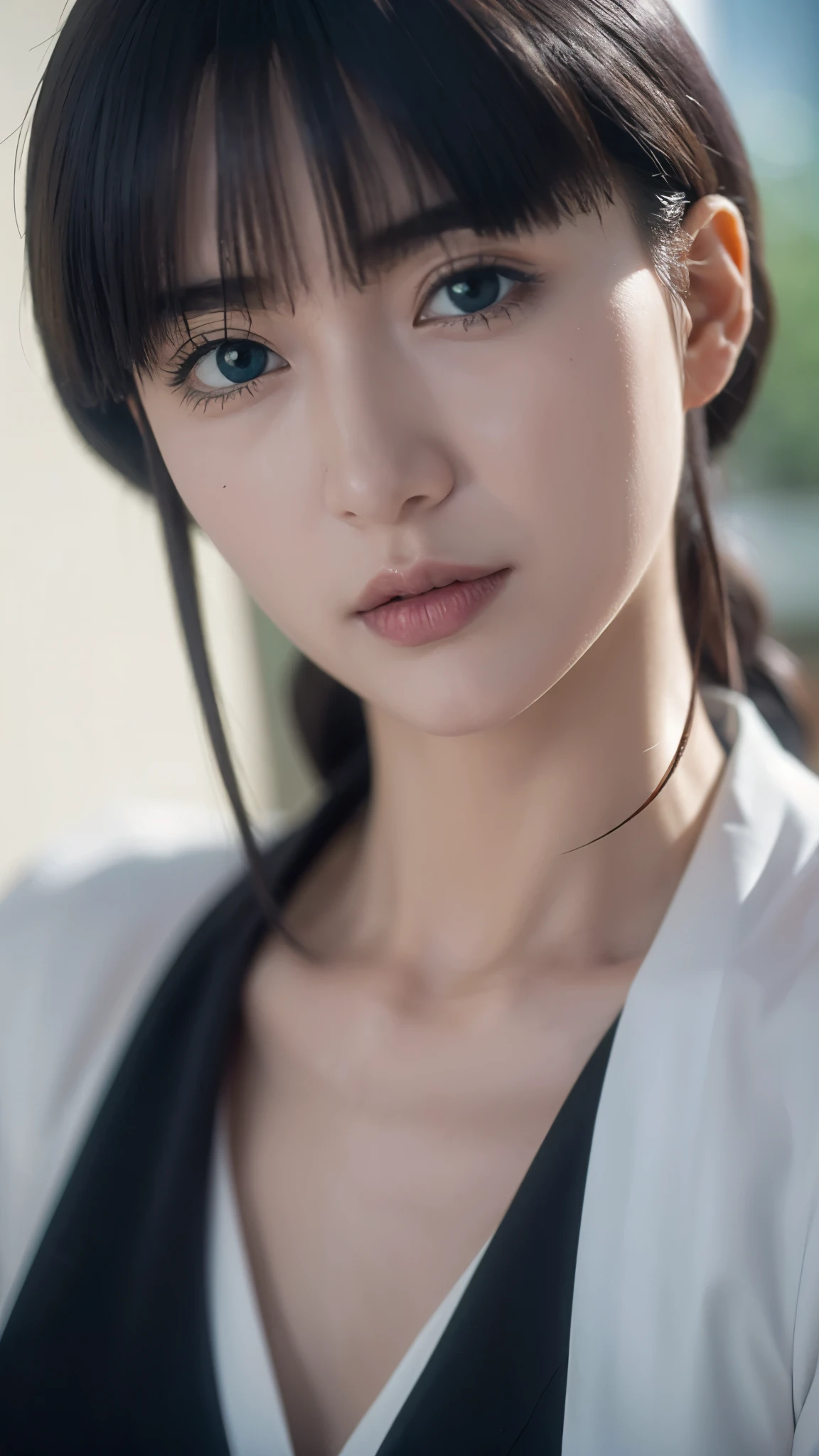 Hyper-realistic, ultra-detailed half-body portrait of Nemu Kurotsuchi from Bleach, a beautiful woman with pale skin, straight long black hair with blunt bangs, and striking deep eyes. She is wearing her traditional black Soul Reaper uniform with a white sash, rendered with fine fabric textures and subtle shadows. Her expression is calm and mysterious, with delicate facial features and lifelike skin details. The background is softly blurred to emphasize her presence, cinematic lighting highlighting her face and outfit, ultra-realistic anime style, photorealistic, super detail, 8K quality