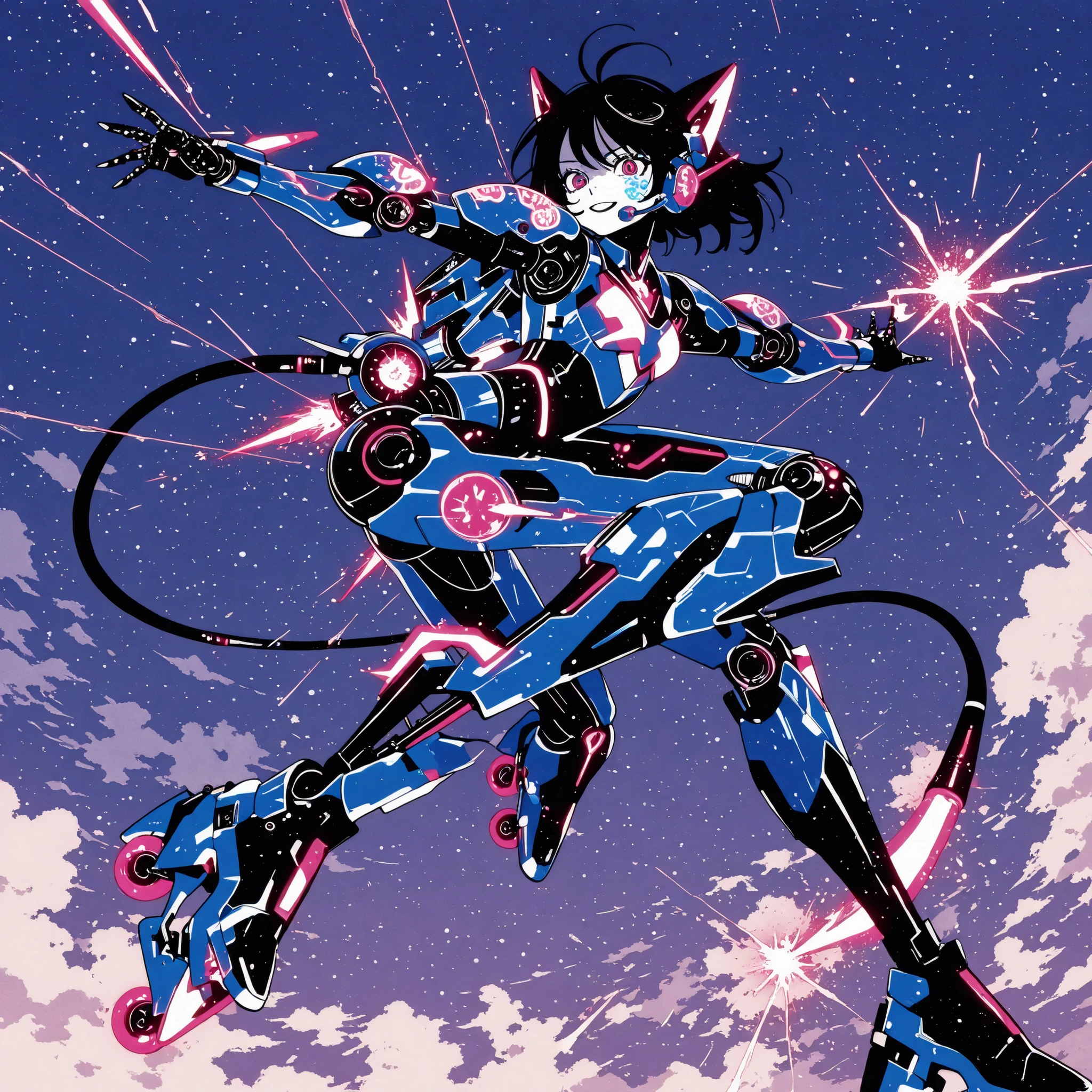masterpiece, best quality, clean cel-shaded cartoon style, bold crisp linework, ultra-vibrant blue/red palette;
jester half-robot female mid-air jump captured from worm’s-eye low-angle, roller skates transformed into armored mechanical boosters with neon glowing wheels;
joyful big smile, short dark hair with streak ribbons, futuristic metallic cat ears glowing with deep blue accents, blue robot-headset with antenna, tiny robotic jetpack sparking with thrusters;
sleek armored apron outfit instead of casual clothing, white and midnight blue plating with glowing circuitry lines, segmented armor skirt plates fluttering, reinforced gauntlets and knee armor, neon-lined boots;
arms outstretched with mechanical joints and glowing pistons visible, metallic tail-like energy cable trailing behind her;
vivid sci-fi urban park background with futuristic ramps and glowing rails, night sky and puffy cream clouds, faint hovering drones instead of birds;
dynamic motion lines, playful neon holographic sticker patches across the armor, high saturation, minimal soft shading, graphic poster vibe;
clean background, no text, no watermark
