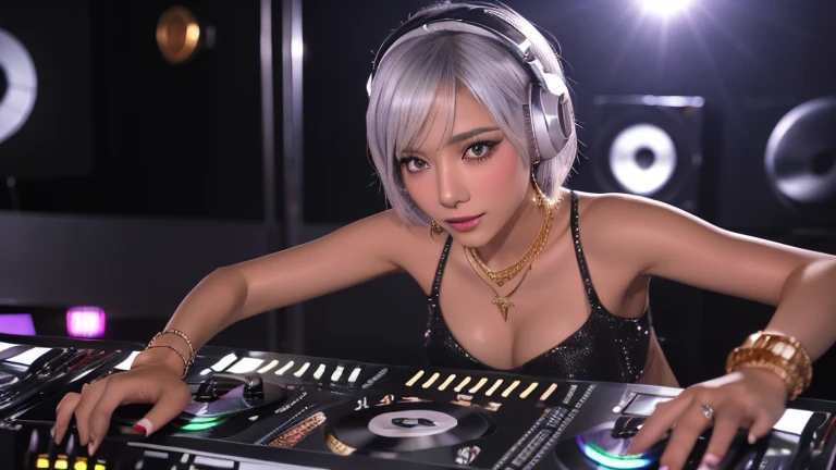 (ultra - detailed, 16K resolution, Cinema lenses, rendering by octane), (high resolution:1.18), intricate detail, (masterpiece:1.1), (highest quality:1.1), (1girl, portrait, white hair, blue eyes, short hair, detailed eyes),Wearing silver DJ headphones, Shiny silver sequined T-shirt, (Iconic hip-hop pop costumes:1.3), Smile while DJing on stage, full body shot of, The spotlight shines on the female DJ. Photorealistic photography by Disco Lighting, (cute round face:1.3), perfect fingers, five fingers, beautiful hands, perfect hands. master peace, cute smile.