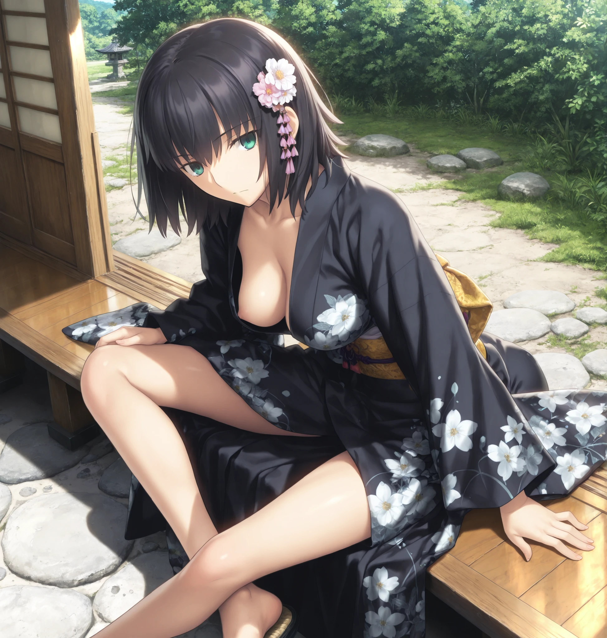 masterpiece, , absurdres, highres, detailed background, high resolution, masterpiece, necessary, detail, best quality, quality, necessary, details, High details, Precise, , outdoor, dynamic angle ,from above ,sitting, indian style, ,
1girl, (type-moon,) style, Takeuchi Takashi style, (aged up:1.2) ,(long legs) ,head tilt , ,(), (),
tall girl, 1girl ,solo ,(slim body, ),(wolf cut hair), medium hair, blue green eyes, jitome, black hair, hair ornament, ((detailed white kimono)),white japanese clothes, ,looking at viewer, ,(), sagging , , ((detailed background)) ,