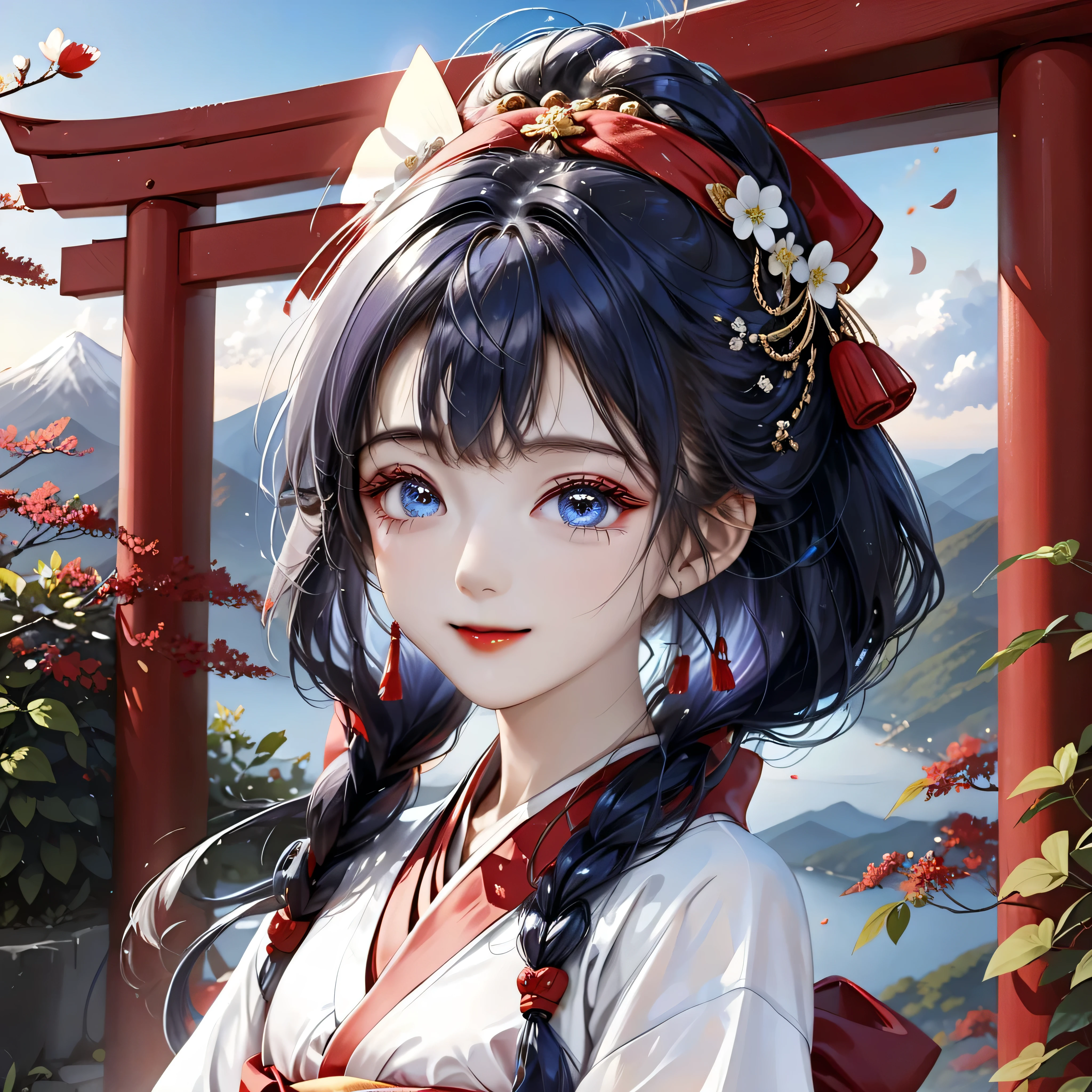 ((Top quality, super detailed, masterpiece, wallpaper, super realistic, highest photo resolution, 8K)), ((Many dogwood petals dancing in the wind)), ((Heterochromia iridum, red eyes, blue eyes)), (Best portrait), ((Sparkling and detailed eyes)), ((Wearing a shrine maiden outfit and long red hakama)), ((Human shrine maiden with odd eyes)), ((Heterochromia iridum, red eyes, blue eyes)), ((Exquisitely detailed eyes)), ((Crystal-like eyes)), (Very detailed face), (Long silver and purple hair), ((Anatomically accurate depiction)), ((Detailed depiction down to the fingertips)), (One girl), (Solo), (Narrow eyes, pale cheeks, glowing skin, glossy lips, face lighting), ((Translucent white skin)), (Standing posture: 1.0), (small breasts), slim body, (thin thighs), (thin waist), ((wearing a shrine maiden outfit and stretching)), ((with hands behind head)), ((bathing in the morning sun on the mountaintop of the shrine, stretching with hands behind head)), ((shrine outfit), shrine maiden), ((wearing long red hakama)), ((shrine maiden's sokutai)), ((bright smile)), (shrine maiden outfit), (long sleeves), (long hakama: 1.2), (countless dogwood petals dancing in the wind), ((hair blowing in the wind)), ((from above, upper body, looking down)), (mountaintop where the inner shrine of the shrine is located), bathing in the morning sun, ((stretching)),