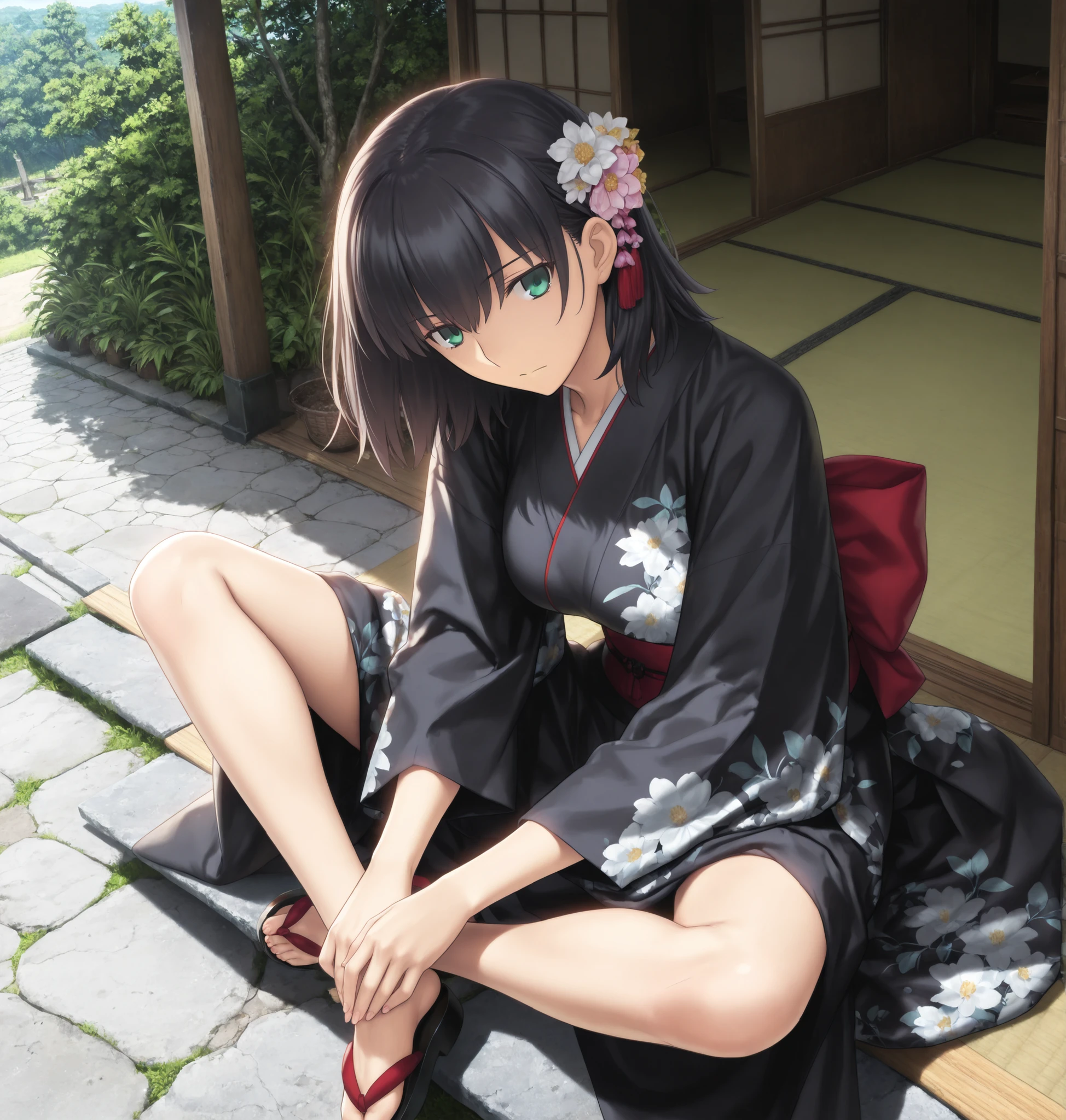 masterpiece, , absurdres, highres, detailed background, high resolution, masterpiece, necessary, detail, best quality, quality, necessary, details, High details, Precise, , outdoor, dynamic angle ,from above ,sitting, indian style, ,
1girl, (type-moon,) style, Takeuchi Takashi style, (aged up:1.5) ,(long legs) ,head tilt , ,(), (),
tall girl, 1girl ,solo ,(slim body, ),(wolf cut hair), medium hair, blue green eyes, jitome, black hair, hair ornament, ((detailed white kimono)),simple kimono, ,looking at viewer, ,(), ((detailed background)) ,