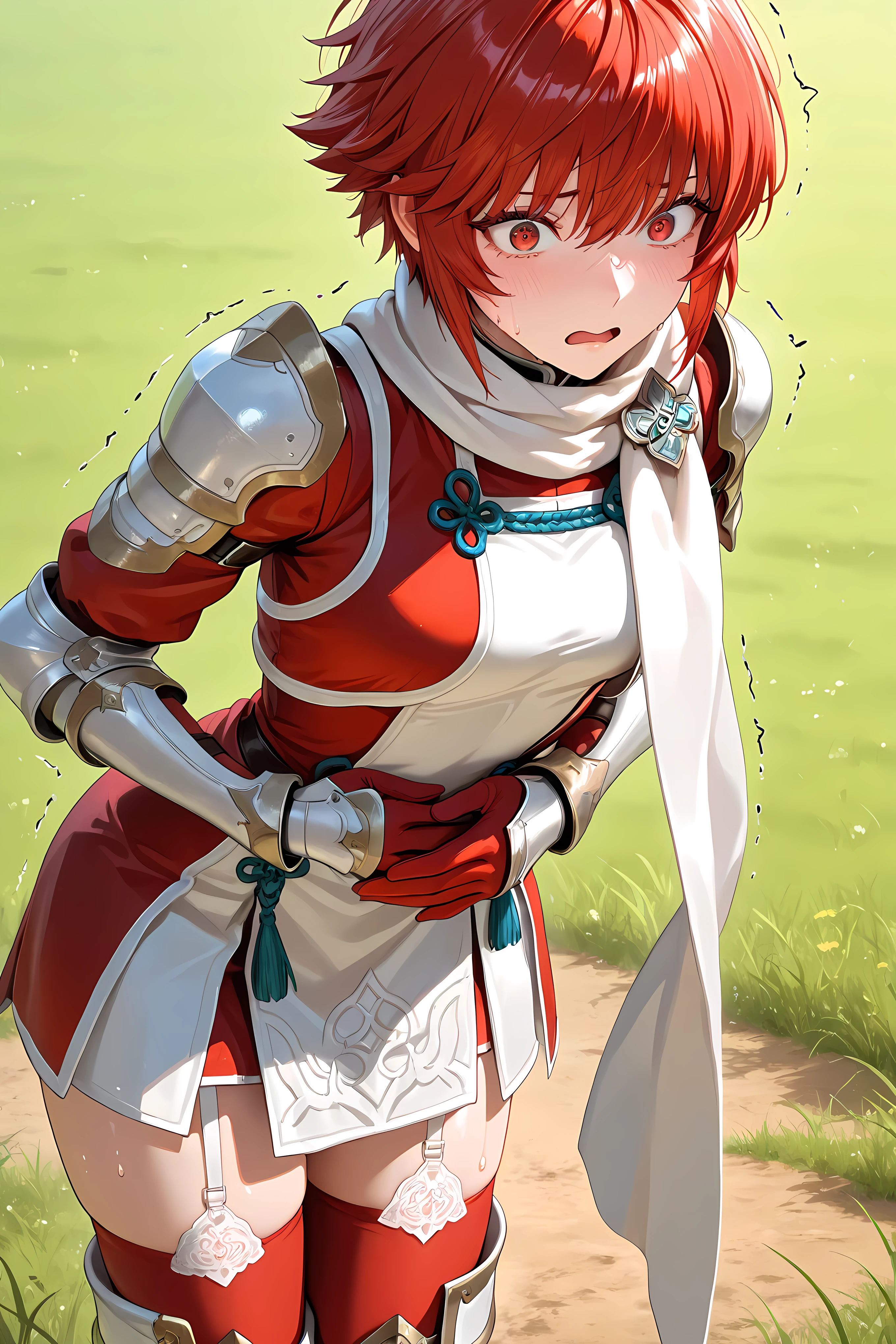 hinoka, red hair, red eyes, short hair, white scarf, red and white dress, shoulder armor, gauntlets, red gloves, garter straps, red thighhighs, half body shot, 

general, masterpiece, highres, ultra-detailed, hyper-detailed, best quality,  amazing quality, very aesthetic, best hands, best eyes, best hand
adult woman, 1woman, hand on own stomach, sweat,  leaning forward, nervous, scared, trembling legs, Vast barren grassfield, sunny day,