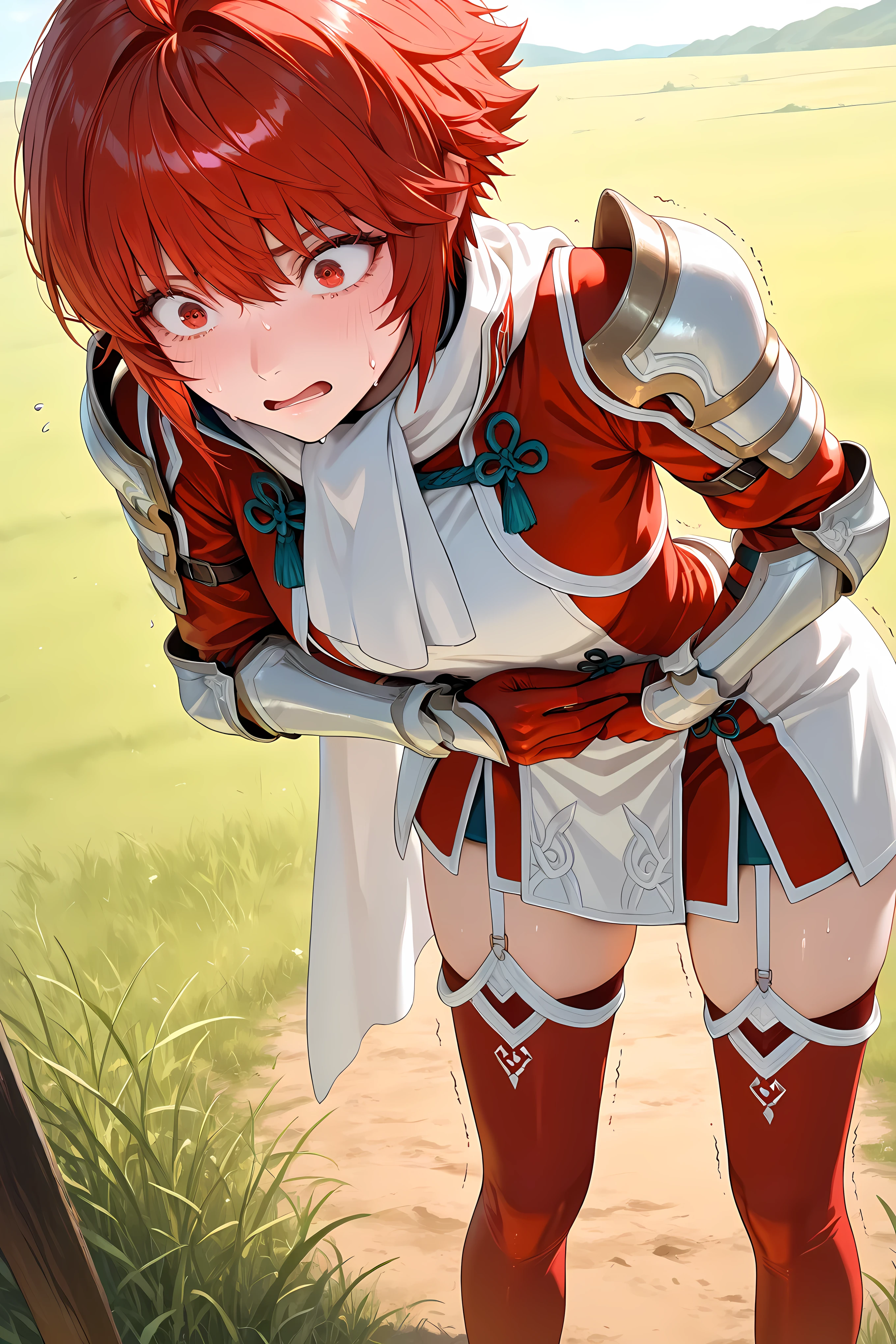 hinoka, red hair, red eyes, short hair, white scarf, red and white dress, shoulder armor, gauntlets, red gloves, garter straps, red thighhighs, half body shot, 

general, masterpiece, highres, ultra-detailed, hyper-detailed, best quality,  amazing quality, very aesthetic, best hands, best eyes, best hand
adult woman, 1woman, hand on own stomach, sweat,  leaning forward, nervous, scared, trembling legs, Vast barren grassfield, sunny day,