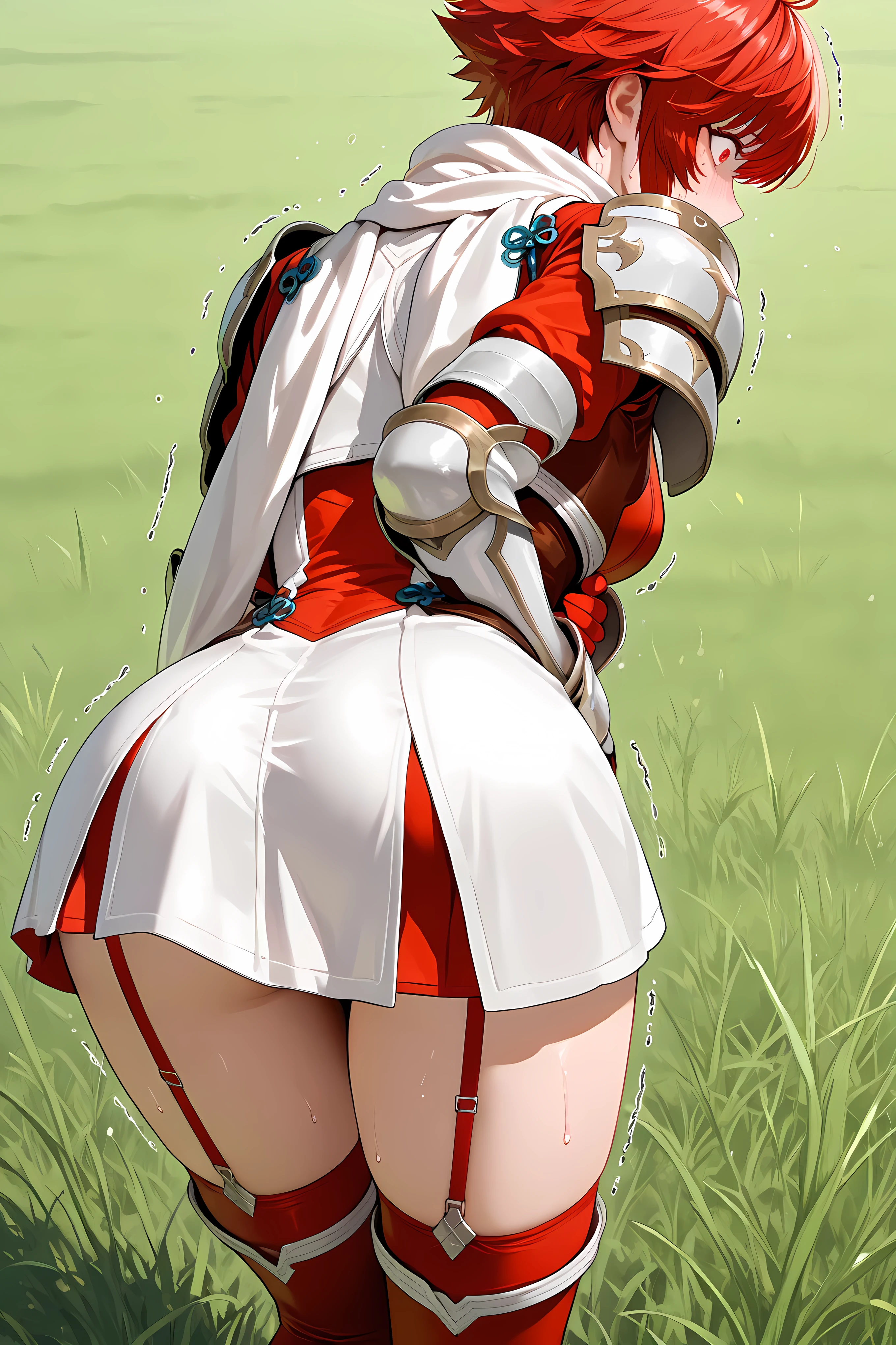 hinoka, red hair, red eyes, short hair, white scarf, red and white dress, shoulder armor, gauntlets, red gloves, garter straps, red thighhighs, half body shot, 

general, masterpiece, highres, ultra-detailed, hyper-detailed, best quality,  amazing quality, very aesthetic, best hands, best eyes, best hand
adult woman, 1woman, hand on own stomach, sweat,  leaning forward, nervous, scared, trembling legs, Vast barren grassfield, sunny day,