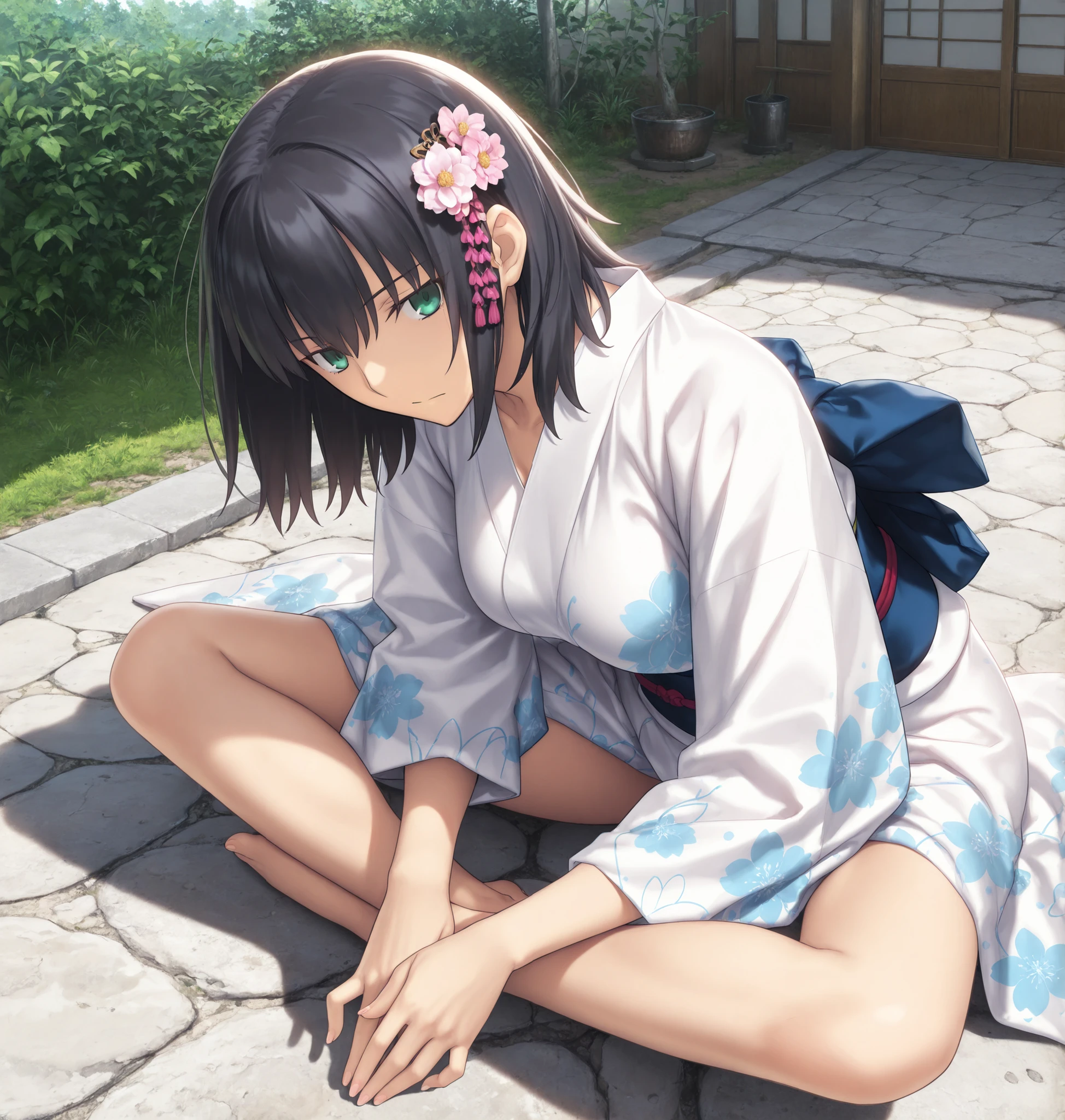 masterpiece, , absurdres, highres, detailed background, high resolution, masterpiece, necessary, detail, best quality, quality, necessary, details, High details, Precise, , outdoor, dynamic angle ,from above ,sitting, indian style, ,                                            
                                                                                                                                                                                                                         1girl, (type-moon,) style, Takeuchi Takashi style,   (aged up:1.5) ,(long legs) ,head tilt , ,(), (),
   
tall girl, 1girl ,solo ,(slim body, ),(wolf cut hair), medium hair, blue green eyes, jitome, black hair, hair ornament, break, ((white kimono ,simple kimono)),,  ,looking at viewer, ,(), ((detailed background))  ,                                                                                                                                                                                                                                                                                                                                                                                                                                                                                                                                                                                  