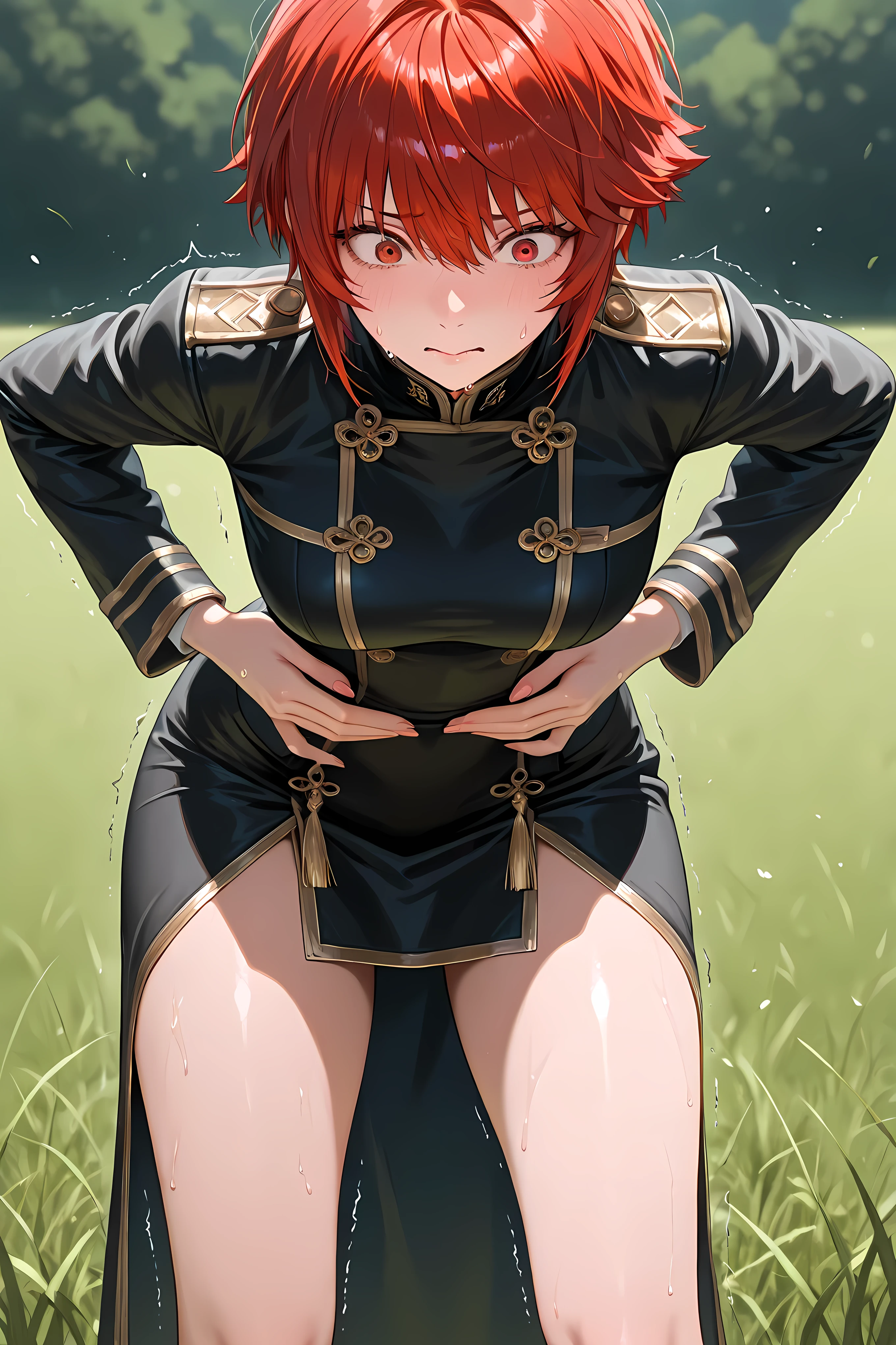 hinoka, red hair, red eyes, short hair, black jacket, black buttons, black skirt, gold trim, bare thigh, half body shot,  facing front,  solo, 

 general, masterpiece, highres, ultra-detailed, hyper-detailed, best quality,  amazing quality, very aesthetic, best hands, best eyes, best hand
adult woman, 1woman, hand on own stomach, sweat,  leaning forward, nervous, scared, trembling legs, Vast barren grassfield, sunny day,