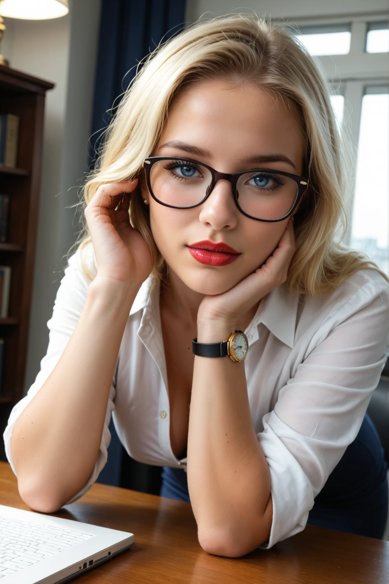 score_9, score_8_up, score_7_up, hyper realistic, photorealistic,ultra photo-realistic, best quality, ultra-detailed, highly detailed, photograph, film grain, (masterpiece, best quality, ultra realistic, 8k, RAW photo, natural lighting, high detail, sharp focus, skin pores, detailed eyes, realistic face, cinematic lighting, HDR, depth of field, DSLR, high contrast, natural shadows, realistic textures)
1girl, solo, british girl,
,upper body photo,Close Up Photo,20 years old, cute Girl,IGMODEL,office lady
portrait, POV slightly from below
standing at desk, leaning forward, teasing gaze, blouse slightly unbuttoned, one hand resting on desk, the other adjusting glasses
slim but busty, large breasts, pale skin
long straight blonde hair, shoulder length or flowing
blue eyes, eyeliner, bold red lipstick, (seductive look:1.2)
white blouse, tight pencil skirt, sheer black stockings, glasses, golden wristwatch
fingers twirling a lock of blonde hair while holding direct eye contact with viewer
BREAK
inside, modern office, wide window with city skyline glowing at night, desk with scattered papers and glowing laptop, bookshelves with binders, half-finished glass of wine, warm desk lamp adding contrast to cool city lights