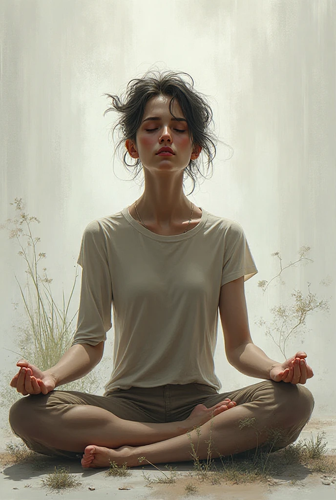 A young female character is practicing yoga in a serene, meditative pose. She is seated in the lotus position (Padmasana) with her legs crossed and her hands resting on her knees, fingers forming the Gyan mudra. Her eyes are gently closed, and she has a peaceful expression on her face, indicating deep focus and relaxation.

She is dressed in stylish, fitted yoga pants and a comfortable top, both designed for flexibility and ease of movement. Over her outfit, she wears an elegant silk kimono, which drapes gracefully around her shoulders and flows softly to the sides. The kimono features intricate, delicate patterns that add a touch of sophistication to her look.

The background is a rustic, artistic setting with a textured, slightly worn concrete wall that enhances the natural, tranquil atmosphere. She sits on a dark, possibly wooden floor, with a yoga mat beneath her for comfort. The overall mood of the illustration is calm and introspective, capturing a moment of serene mindfulness.

