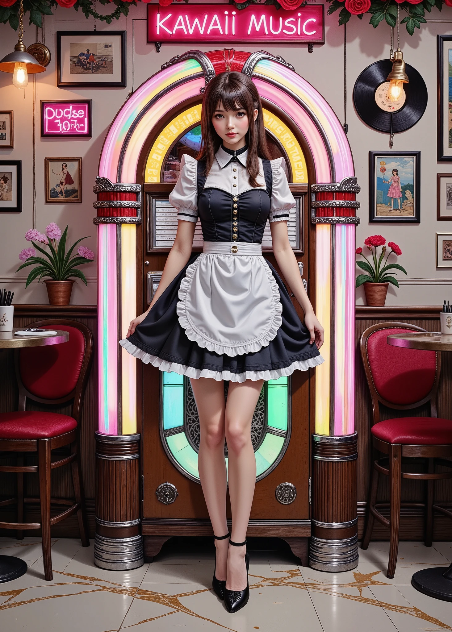 Highest Quality, masterpiece.
coffee shop.
Large, The nostalgic jukebox has been meticulously detailed、Decorated in neon colors.
parallel, white and black maid clothes. black stiletto heels.
super beautiful, face here
Great Figure. She's standing in good posture .
brown-haired ponytail, Bangs Patten.
An exposed record is displayed on the wall. marble floor with glowing wind.
The neon sign on the wall says this "KAWAII MUSIC"
Highest Quality, masterpiece.