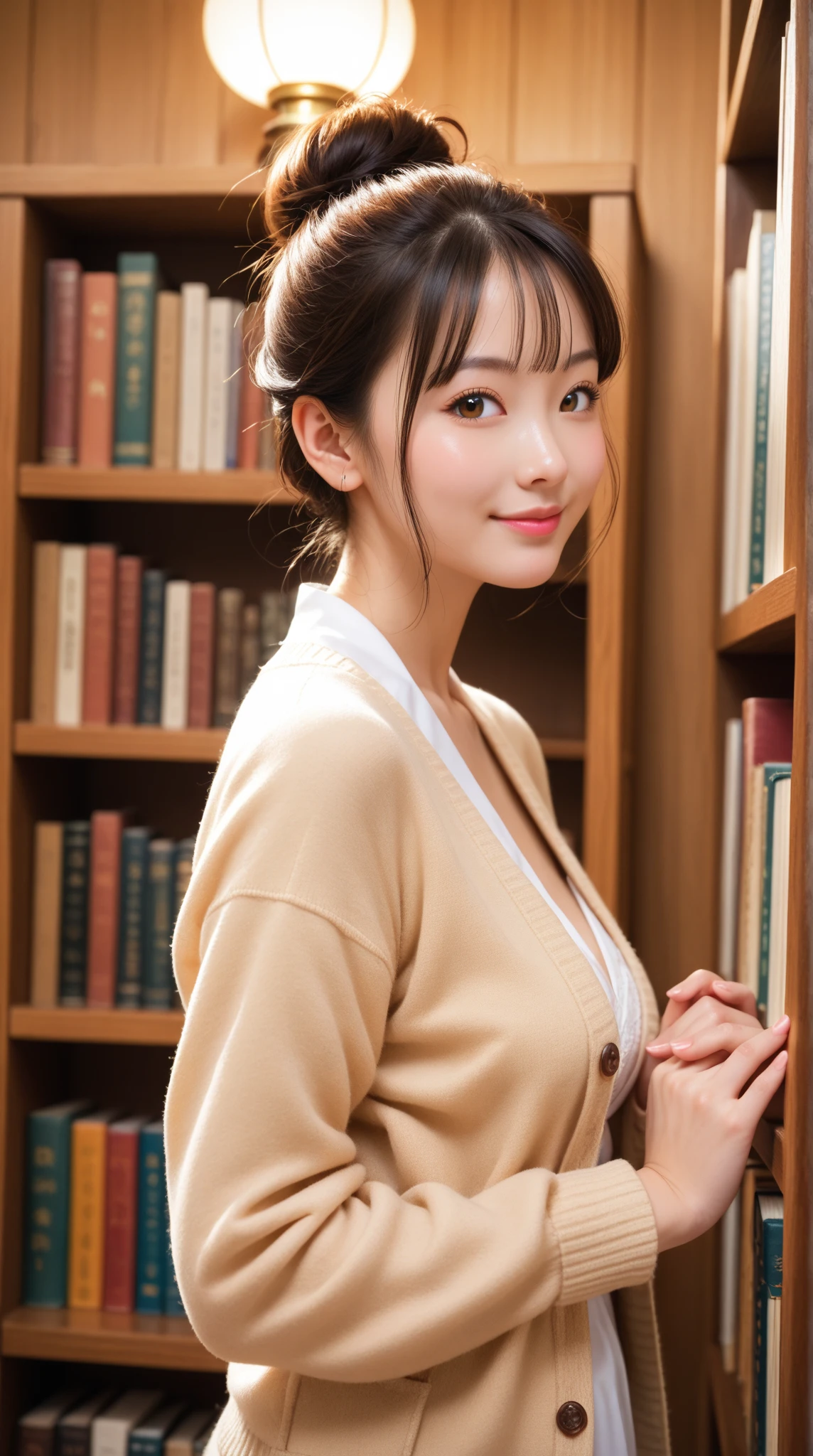 (Realistic, photo-Realistic:1.37),(8K, RAW Photos, Highest quality, masterpiece:1.2), cute, Ultra-detailed, 超High resolution, Kodak Vision Color, Filmed with an Arricam LT camera,Highest quality, Lively, 8K, High resolution, 1 girl, Escape, (Professional Lighting), (Portraiture:0.6), Black Hair, (Medium Hair),21 years old、slender、library、Sitting on a chair、With many books in his hands、studying、In the background there are many bookshelves、Surrounded by many books、Long Hair, Modern photography, wear (bear costume), (Portraiture), cutebear costumeに身をつけて, Super soft light brown plush fabric, debtわdebtわフード, cuteクマの頭巾, (35mm, debt/2.8) Photo , Aperture, Highly detailed and exquisite, character, Hypermaximalist, beautiful, reveal, Charm, Charm, Affectionate, Ultra-realistic, Very detailed, beautiful woman, ((Fine grain)), Long eyelashes, (Glossy Lips),、、