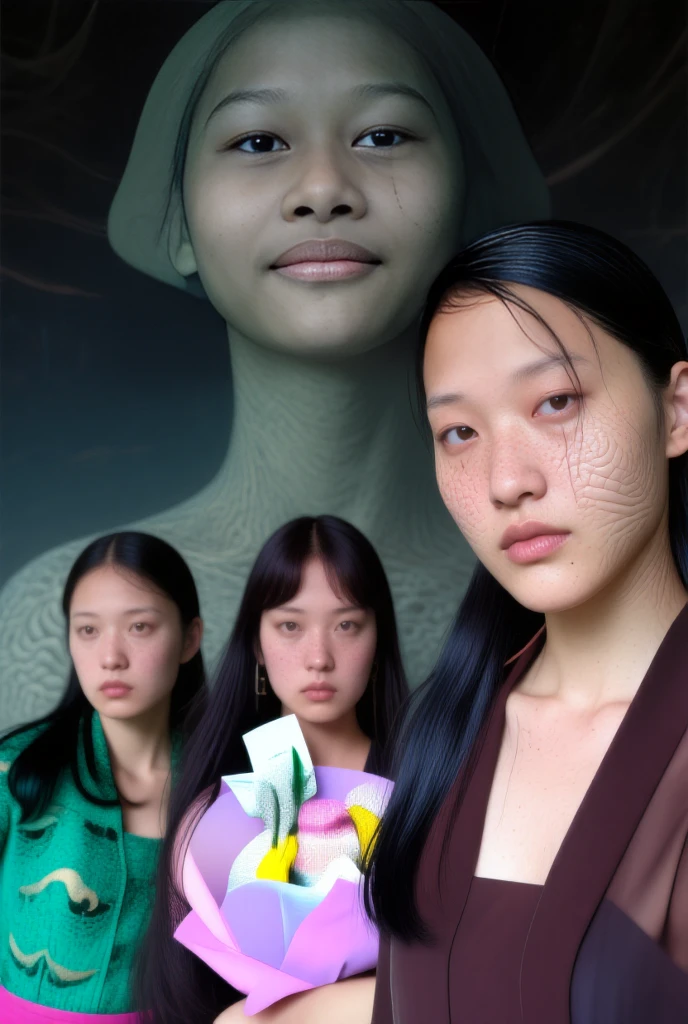 Several decapitated heads of beautiful women, on a table, in a public market, , blood flowing, ((eyes closed)), bleeding, photorealistic, 4K, Nikon, horror, public market, beautiful asian face, wrapped plastic,