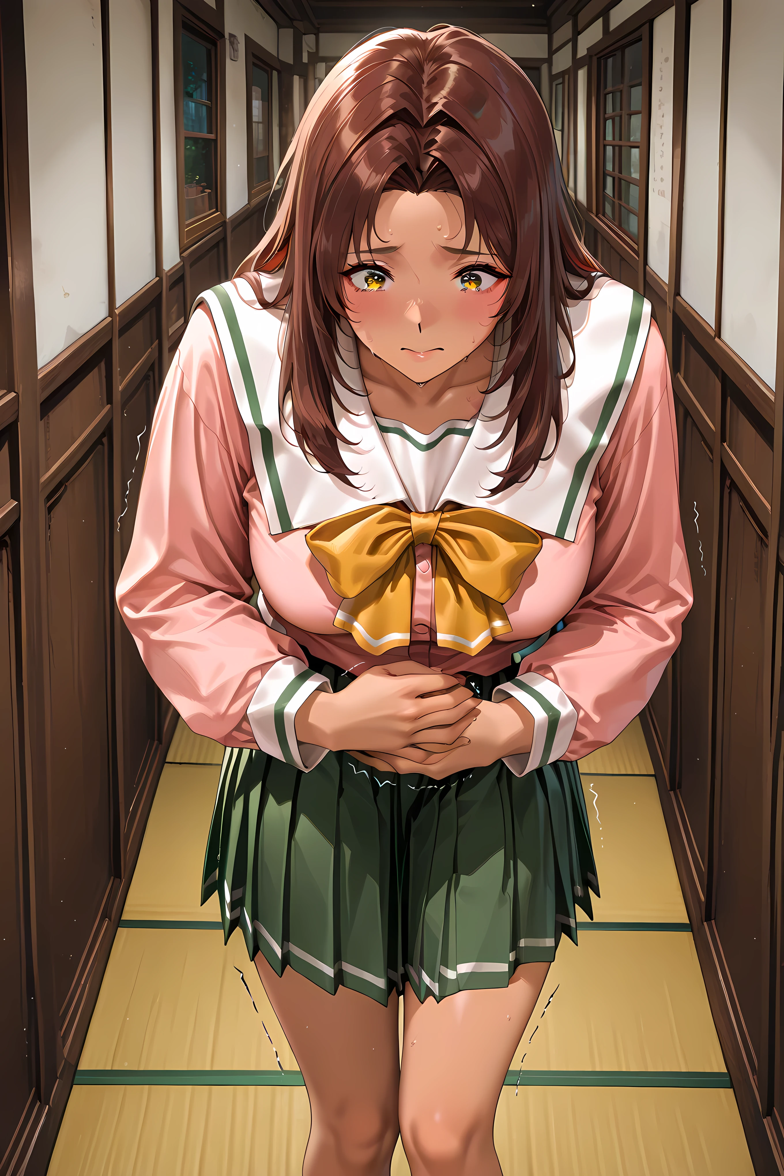 moeko, brown hair, dark-skinned female, serafuku, pink shirt, pleated skirt,General, masterpiece, highres, ultra-detailed, hyper-detailed, best quality, amazing quality, very aesthetic, best hands, best eyes, best hand, half body shot, close up,
adult woman, 1girl, hand on own stomach, sweat, leaning forward, nervous, scared, trembling legs, in a wooden dorm hallway, tatami floor