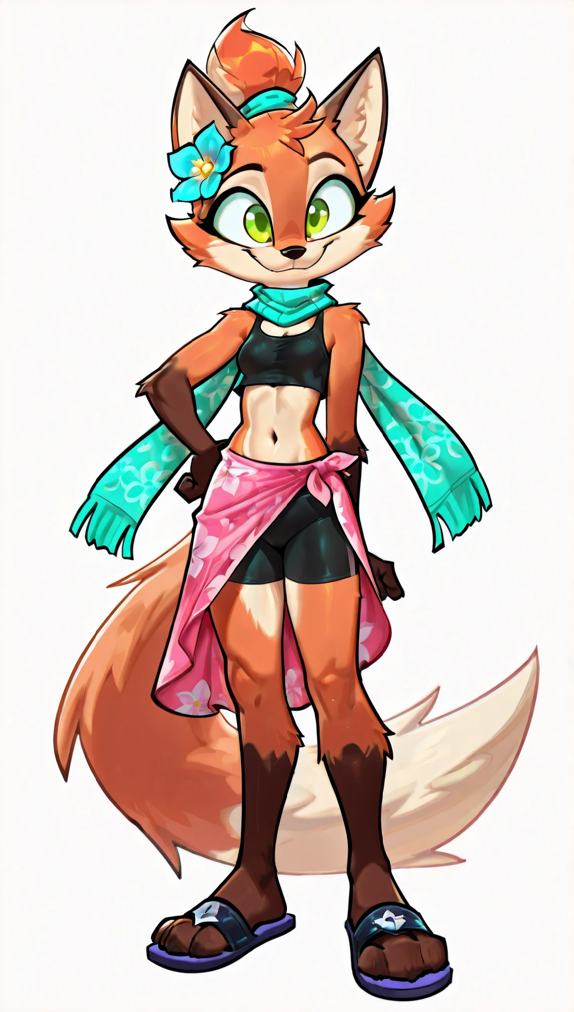 score_9, score_8_up, score_7_up, 1girl, source furry, absurdres, masterpiece, best quality, amazing quality, siroc, solo, dynamic angle, fleetfox, furry, fox, orange fur, green eyes, female, short hair, spiky pointed bangs tuft, fleetSummer, ((black tankini, midriff, black bike shorts, navel, turquoise long scarf with flower pattern, pink sarong, flip flops)), full body, feets with three toes, small breasts, ponytail, standing, smile, one hand own hip, white background, simple background, 