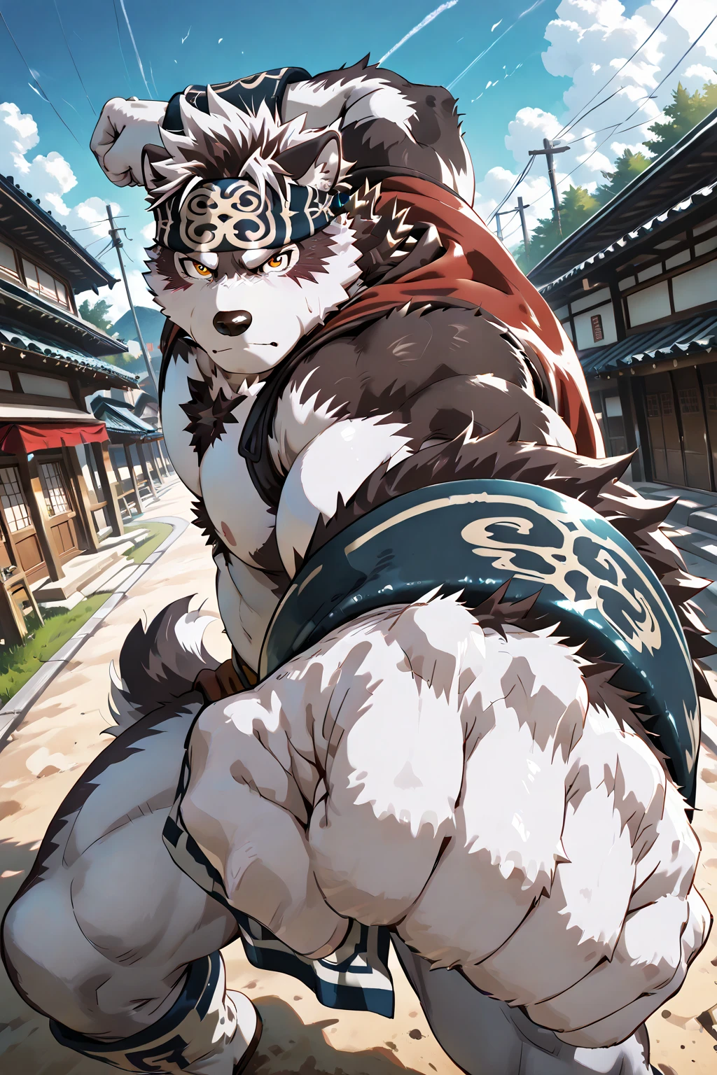 Anthropomorphic wolf，werewolf，man，large pecs，broad shoulderuscular limbs， upper body，huge , muscular, large, bearded,  hair, body hair,  hair, arm hair, leg hair, hd，high detail，masterpiece，full body