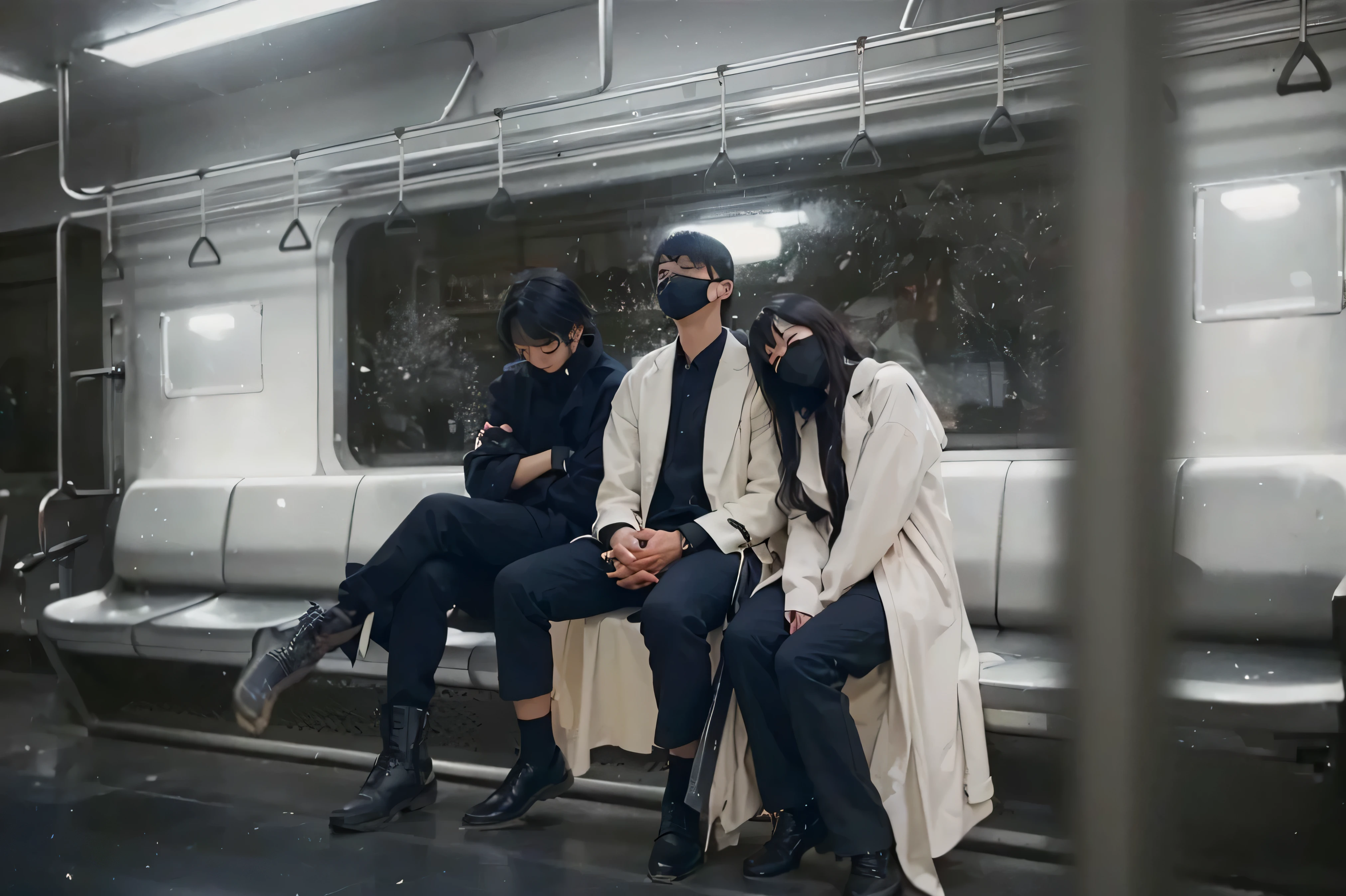 ((OMNISCIENT READER'S VIEWPOINT)),((realistic, photorealistic)),(highlight hair)), Light reflection, (( HD )),((upper body)), (((best quality, masterpiece))), (masterpiece) (best quality) (detail) (8k) (HDR) (wallpaper) (cinematic lighting) (sharp focuasterpiece, best quality: 1.1), Real life adaption of this character, beautiful girl, Shining green eyes, realistic outfit, realistic shadow, realistic light, realism, hyper realistic, realistic background,Realistic hair, realistic hair at the back,(photorealistic:1.2),Three young adults, likely Asian, sitting in a gray subway car. The person on the left, young man with short black hair, wearing dark black coat, dark pants, and dark boots; The person in the middle, a young man with short black hair, wearing a cream-colored long coat over a black button-down shirt and black pants; The person on the right, a young woman with shoulder-length black hair, wearing a cream-colored long coat, dark pants, and dark boots. All three wear black face masks. The interior of the train car is stark, with pale gray metal walls and seats. A faint, ethereal starry sky effect is visible behind the subjects, giving a dreamlike quality to the scene. The light is diffused and muted, creating a somber atmosphere. The individuals are sitting, slumped slightly, with a thoughtful expression, as if lost in their own thoughts. The perspective is from slightly inside the train car, with a focus on the subjects. The style is a blend of realistic photo-like representation with digital effects. Mood is quiet, contemplative, and slightly melancholic. The clothing has a contemporary streetwear style. The overall effect is a moody, contemplative scene in a modern setting. photorealistic, realistic, detailed, cinematic lighting, 8k