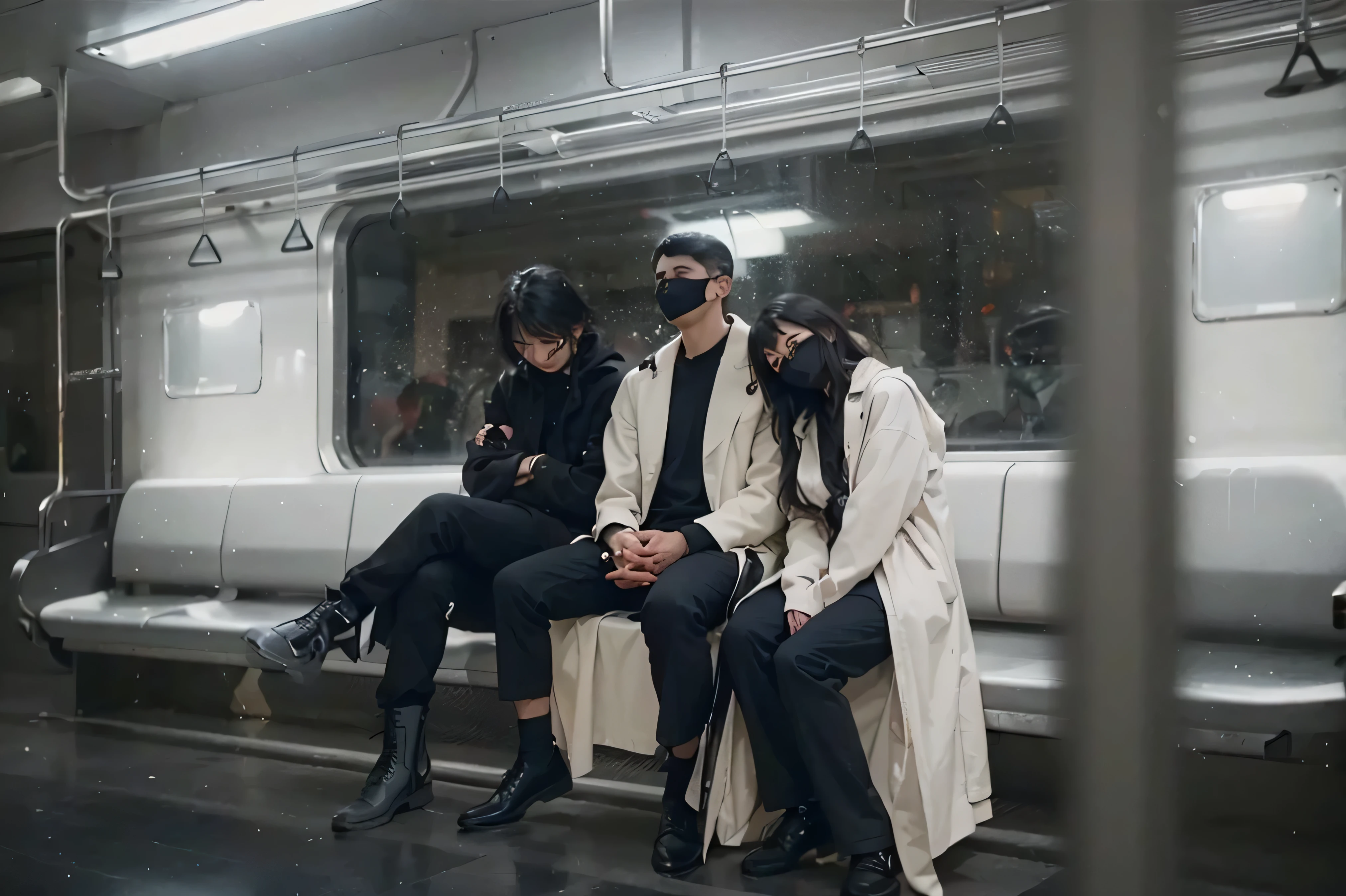 ((OMNISCIENT READER'S VIEWPOINT)),((realistic, photorealistic)),(highlight hair)), Light reflection, (( HD )),((upper body)), (((best quality, masterpiece))), (masterpiece) (best quality) (detail) (8k) (HDR) (wallpaper) (cinematic lighting) (sharp focuasterpiece, best quality: 1.1), Real life adaption of this character, beautiful girl, Shining green eyes, realistic outfit, realistic shadow, realistic light, realism, hyper realistic, realistic background,Realistic hair, realistic hair at the back,(photorealistic:1.2),Three young adults, likely Asian, sitting in a gray subway car. The person on the left, young man with short black hair, wearing dark black coat, dark pants, and dark boots; The person in the middle, a young man with short black hair, wearing a cream-colored long coat over a black button-down shirt and black pants; The person on the right, a young woman with shoulder-length black hair, wearing a cream-colored long coat, dark pants, and dark boots. All three wear black face masks. The interior of the train car is stark, with pale gray metal walls and seats. A faint, ethereal starry sky effect is visible behind the subjects, giving a dreamlike quality to the scene. The light is diffused and muted, creating a somber atmosphere. The individuals are sitting, slumped slightly, with a thoughtful expression, as if lost in their own thoughts. The perspective is from slightly inside the train car, with a focus on the subjects. The style is a blend of realistic photo-like representation with digital effects. Mood is quiet, contemplative, and slightly melancholic. The clothing has a contemporary streetwear style. The overall effect is a moody, contemplative scene in a modern setting. photorealistic, realistic, detailed, cinematic lighting, 8k