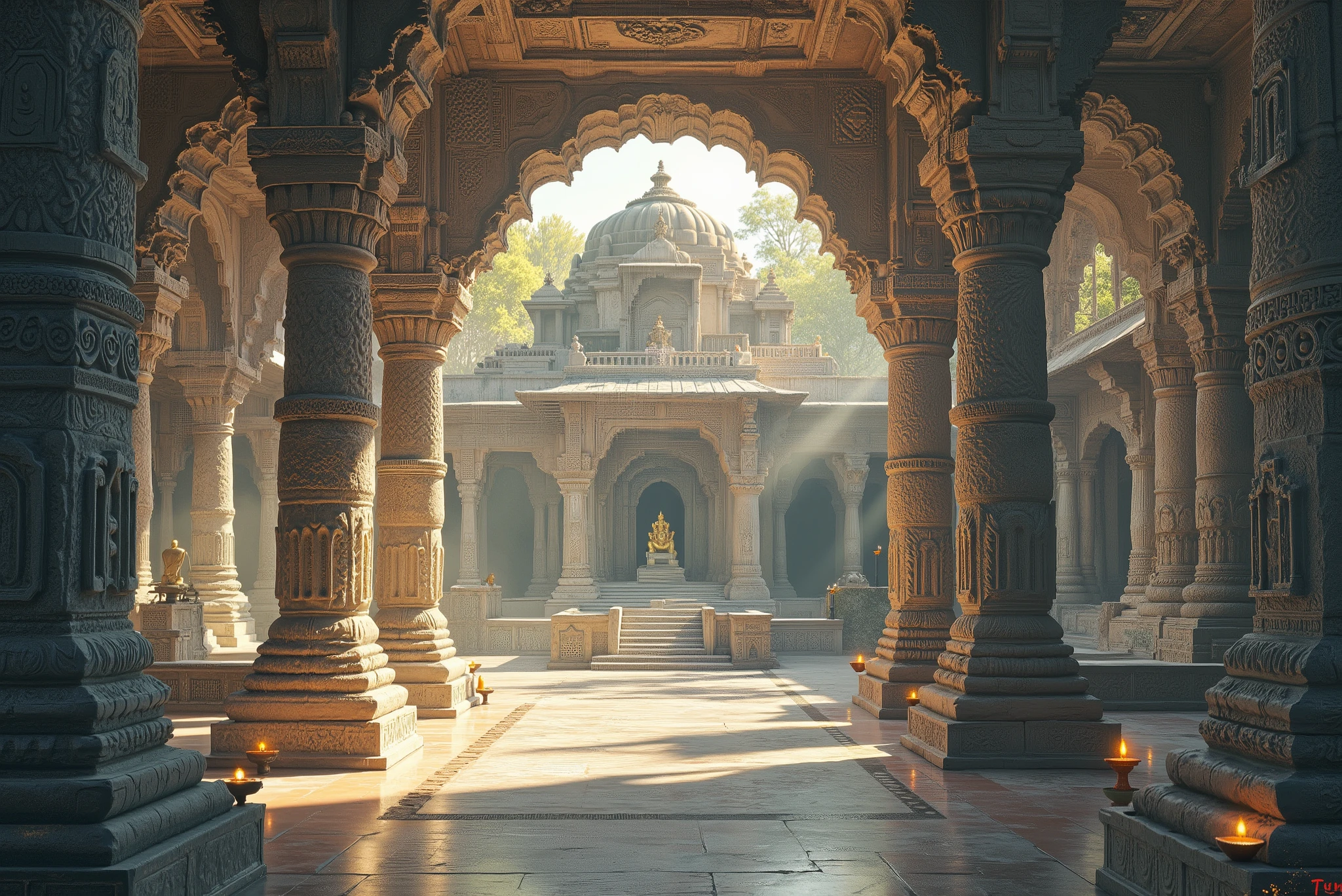 “Ultra-realistic cinematic artwork of an ancient Indian temple interior, shown in full detail with intricately carved stone pillars, divine sculptures, and a central sanctum glowing with sacred energy. The temple atmosphere can shift between different divine moods:
Morning Divine Glow → warm golden sunlight streaming through stone-carved windows, casting patterned shadows across the floor.
Lamp-lit Devotional Ambience → illuminated only by rows of glowing diyas and oil lamps, their flickering light dancing across the carvings.
Abandoned Ancient Temple → overgrown with moss and vines, broken stone pillars and dust with faint fog creating a mysterious aura.
Festival Celebration → decorated with colorful flower garlands, torans, countless glowing diyas, priests performing rituals, and devotees gathered in devotion.
Eternal Mystical Aura → ethereal golden-white light beams from above, glowing particles floating in the air, pillars shimmering with divine patterns.
The floor is polished stone, reflecting the divine glow. Incense smoke curls upwards, and garlands, bells, and offerings enrich the sanctum. The atmosphere should always feel sacred, spiritual, and cinematic — with ultra-realistic detail, mystical lighting, and a divine, timeless aura.”