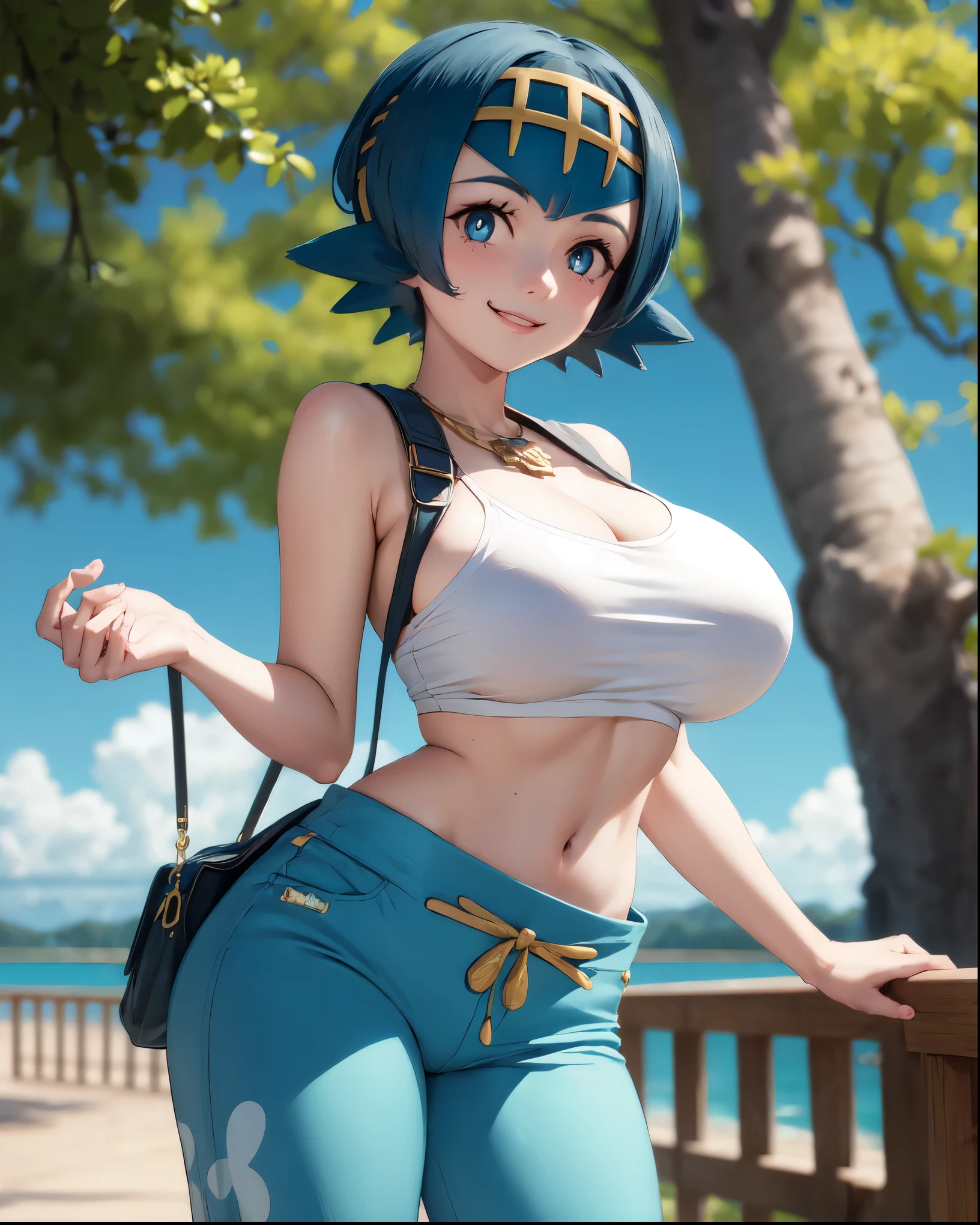 Masterpiece, best quality,  Pokémon Lana, white eyes, headband, blue pants , cowboy shot, smile, big boobs, standing, sexy, outdoor