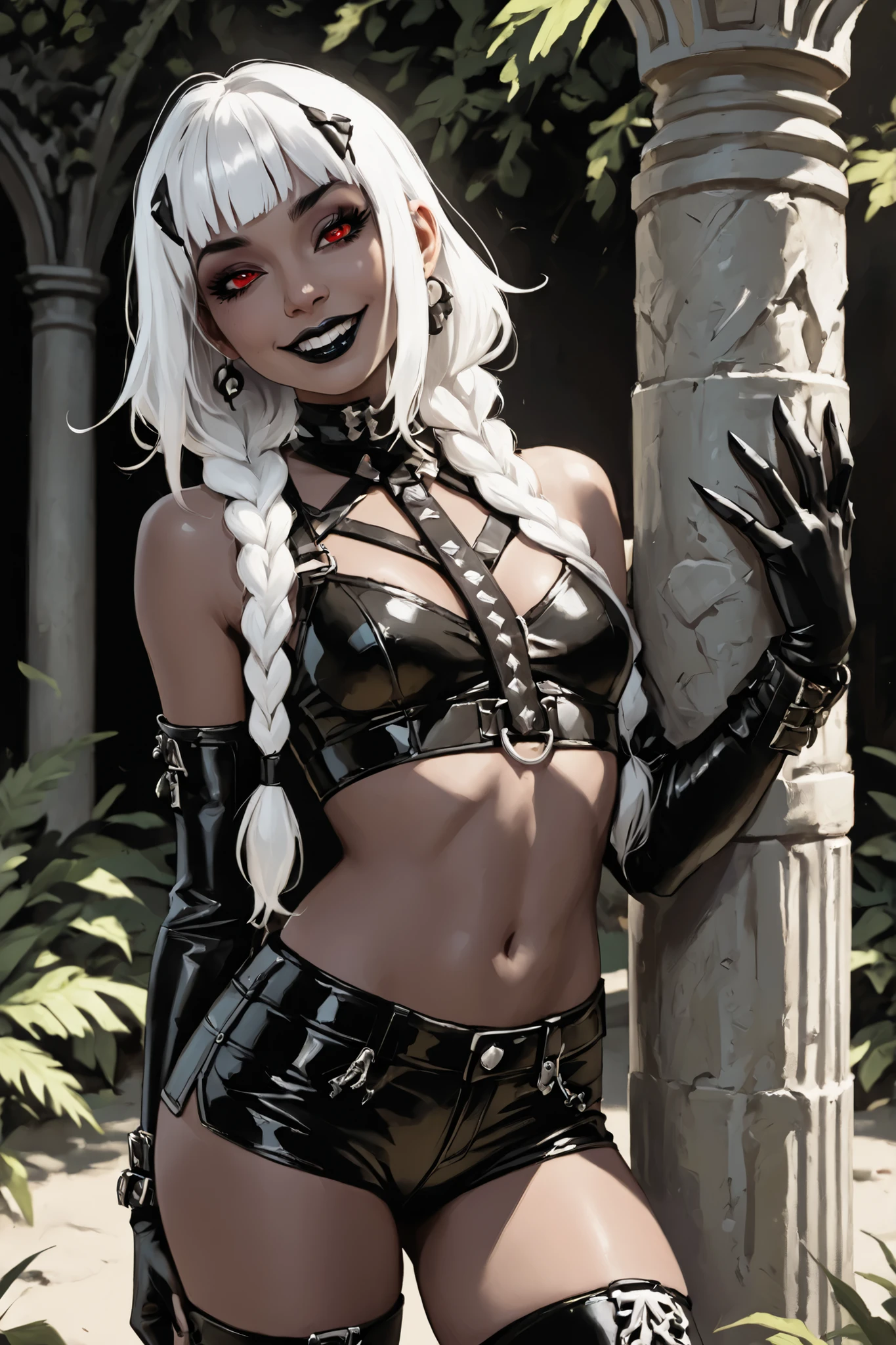 Drawn like the artist Bob Kehl. Goth girl. Phaedra from Fortnite with white and dark hair, deep red-coloured eyes, slanted Asian eyes, black eyeliner, black lipstick, with sharp teeth, athletic body and abs. Small breasts. Slender and athletic. Cute, round and young face. White highlights in her hair. She wears old black snake-leather clothing with snakeskin-texture. She also wears an amber necklace. She has small breasts. She smiles awkward-ly. Atmospheric lighting. She looks like Wednesday Adams. Box-art. DnD-art-style. Looking at the viewer. Background: Spanish medieval town, hd colours, intense colours