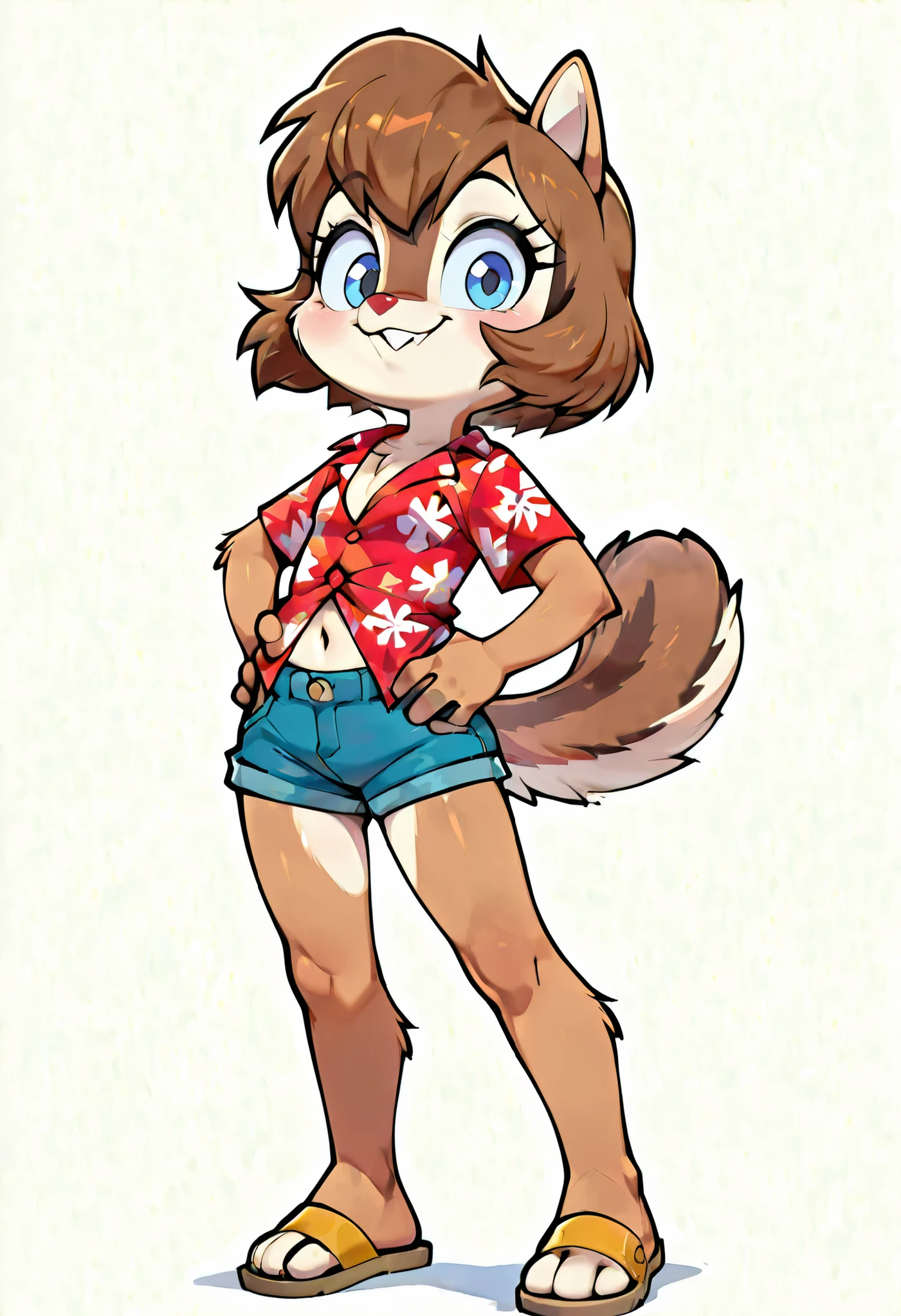 score_9, score_8_up, score_7_up, score_6_up,, hi_res, furry_source, absurdres, masterpiece, best quality, amazing quality, Chip'n Dale Rescue Rangers, 1girl, solo, alone, Femdale, furry, anthro, chipmunk girl, brown fur, blue eyes, chipmunk tail, red nose, brown hair, short hair, bangs, short body, short stature, ((red hawaiian shirt, denim shorts, sandals)), small breasts, navel, (very skinny:1.0), (Small, Short:1.1), (young cub:1.2), full body, feets with three toes, spread buckteeth fangs, white background, simple background, cute pose, one hand own hip,