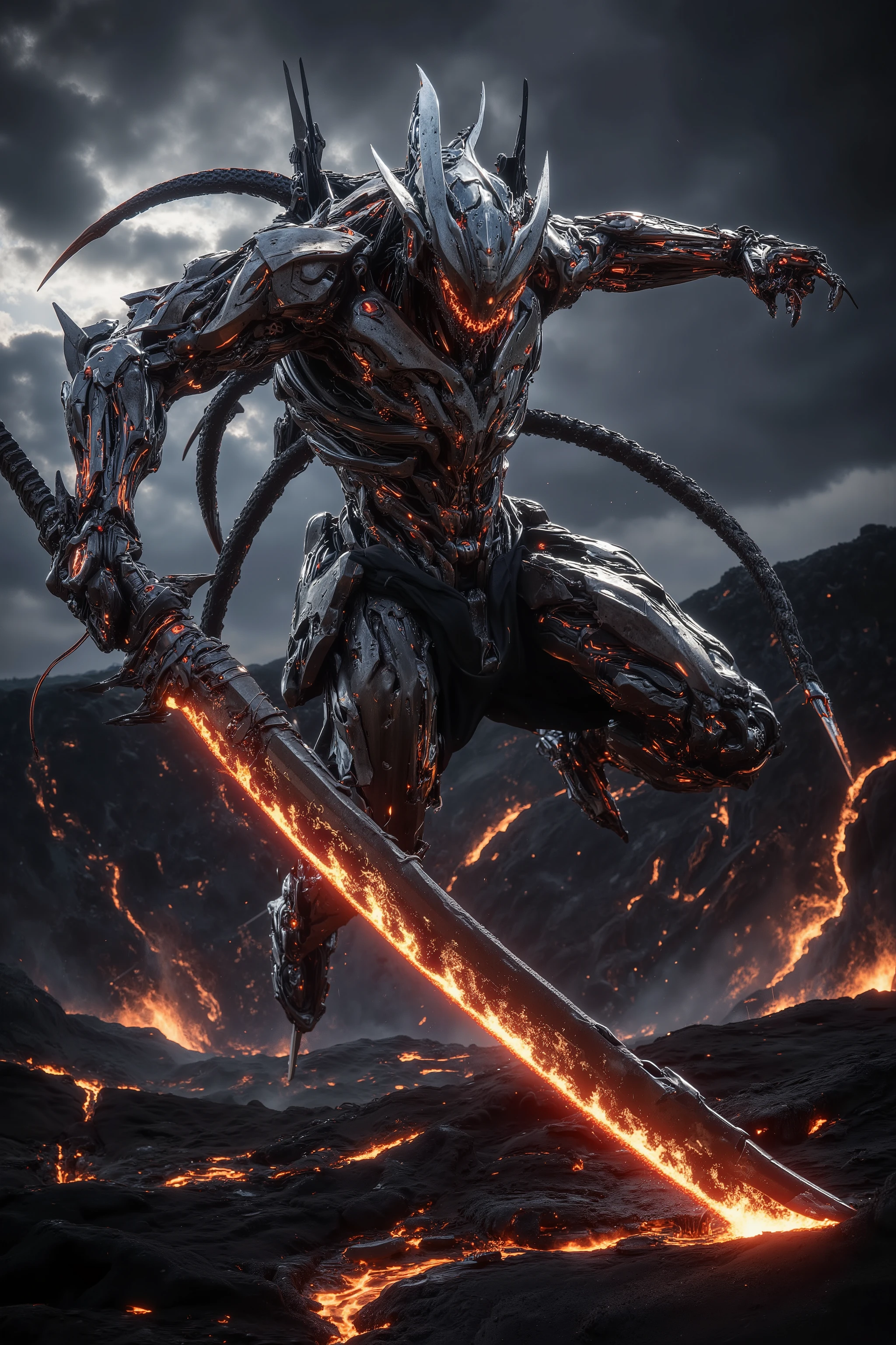 electaln, Ultra-detailed, 8K, cinematic, dramatic lighting, photorealistic, A battle-scarred and heavily rusted cybernetic soldier with heavy, damaged armor. The soldier is in a mid-air jumping attack, descending with a massive, two-handed sword pointed downwards. The background is a fiery, volcanic landscape with rivers of glowing lava and a sky filled with dark, churning clouds.
super realistic photography stile.