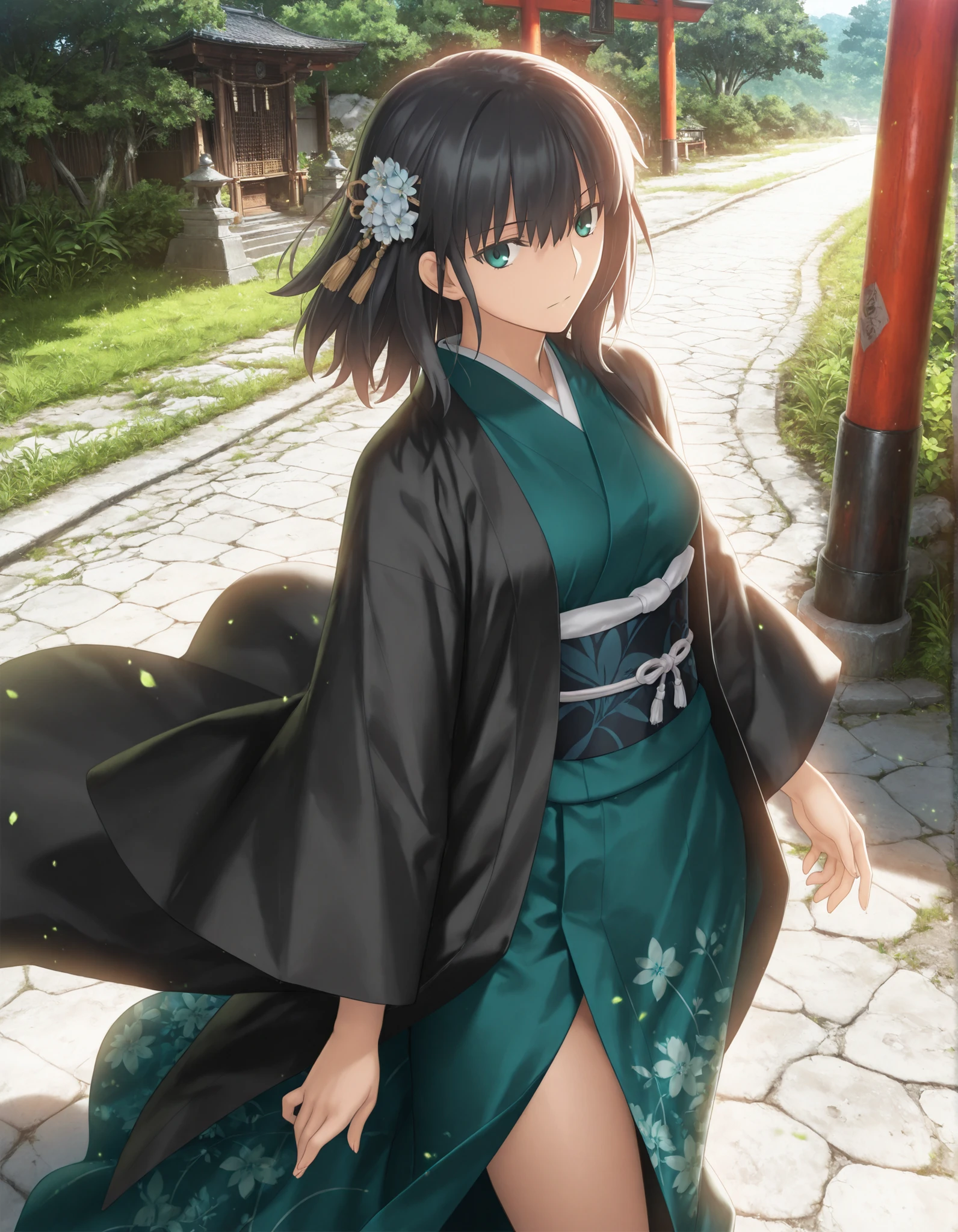 masterpiece, , absurdres, highres, detailed background, high resolution, masterpiece, necessary, detail, best quality, quality, necessary, details, High details, Precise, , outdoor, dynamic angle ,from above ,, ,                                            
                                                                                                                                                                                                                         1girl, (type-moon,) style, Takeuchi Takashi style,   (aged up:1.5) ,() ,head tilt , one thigh ,(), (),
   
tall girl, 1girl ,solo ,(slim body, ),(wolf cut hair), medium hair, blue green eyes, jitome, black hair, hair ornament, break, black haori, (green kimono),  ,looking at viewer, ,(small ), ((detailed background))  ,                                                                                                                                                                                                                                                                                                                                                                                                                                                                                                                                                                                  