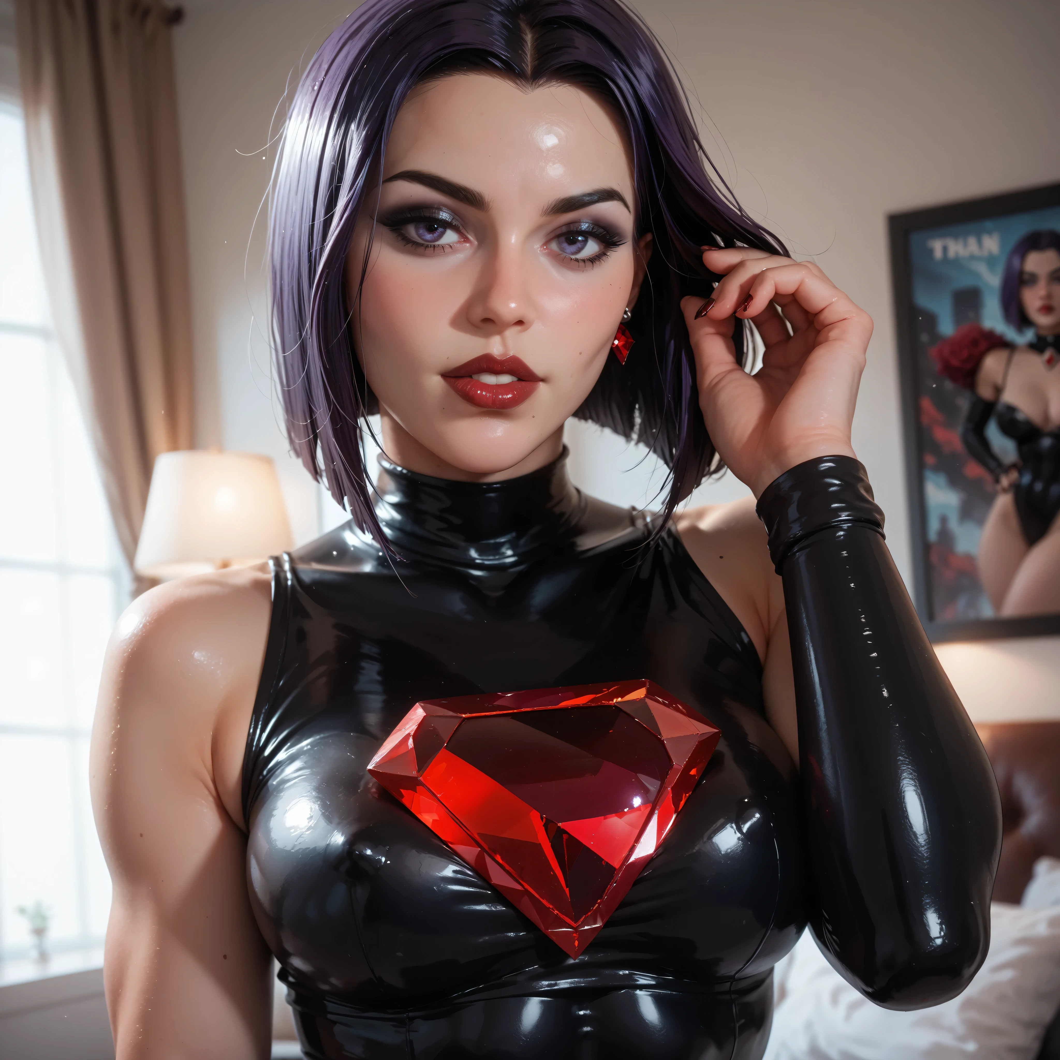 Character art of dc young teen titan Raven, goth girl, red diamond bendhi, perfect figure, big boobs, tight outfit barely holding in assets
