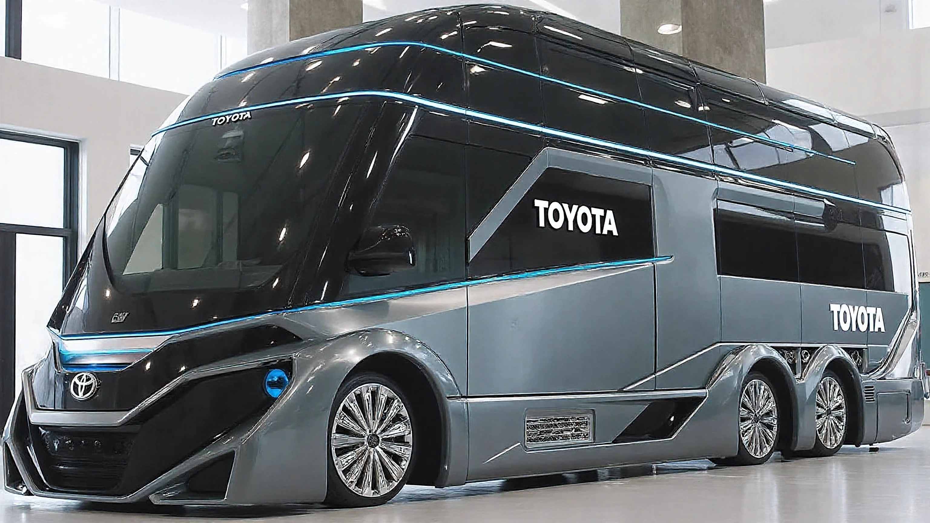 DE_style, A futuristic luxury double-decker motorhome concept designed by Toyota. The vehicle has a sleek, ultra-modern exterior with a glossy black and metallic silver body finish. The design is highly aerodynamic with smooth curves, sharp edges, and continuous flowing lines.

The front features a bold, angular design with large wraparound tinted windows that extend seamlessly into the roofline. The Toyota logo is prominently displayed in the center of the futuristic front grille. Blue LED accent lights run along the edges of the front bumper and form striking L-shaped patterns near the headlights.

The sides of the motorhome have a two-tone color scheme: glossy black on the upper and lower portions, and silver in the middle, with bold diagonal stripes cutting across. The text “TOYOTA” is written in all caps, in white, large bold font on both the left-middle section and towards the rear side of the motorhome.

The vehicle has six large wheels (three axles) with futuristic chrome hubcaps featuring intricate radial spoke designs. The lower side also has ventilation grilles integrated into the silver body panels.

The roof is glossy black with multiple segmented sections, and the motorhome has a tall, imposing height, giving it a powerful luxury presence. The surrounding environment is a modern showroom with polished white floors, glass walls, large windows, ceiling lights reflecting off the vehicle’s glossy surfaces, and concrete pillars in the background.

The lighting is bright, making the reflections on the shiny black and silver surfaces very prominent. The entire design emphasizes innovation, luxury, and futuristic automotive engineering.