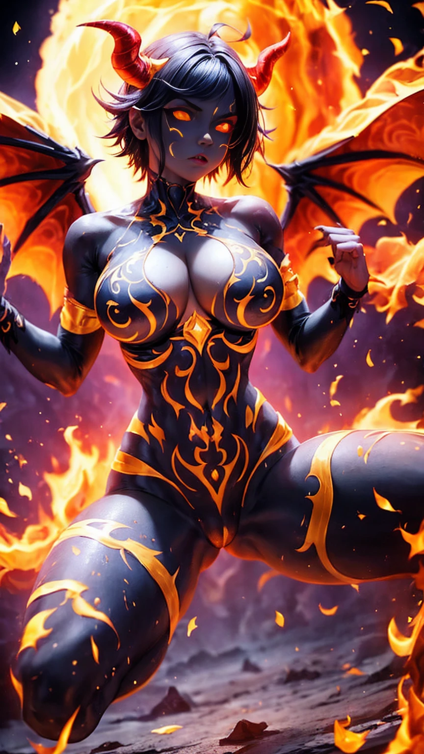 score_9, score_8_up, score_7_up, score_6_up, ultra quality, 1girl, Hember, warframe, robot, fiery body, fiery hair, molten rock, multicolored body, orange body, black body, ornamented helmet, kimono sleeves, faceless, mouthless, from below, dutch angle, posing, sensual, big breast, pussy, leaking pussy juice, squatting, hands behind head, high heels, pussy focus, lush green court, vibrant colors, 4k, hi res