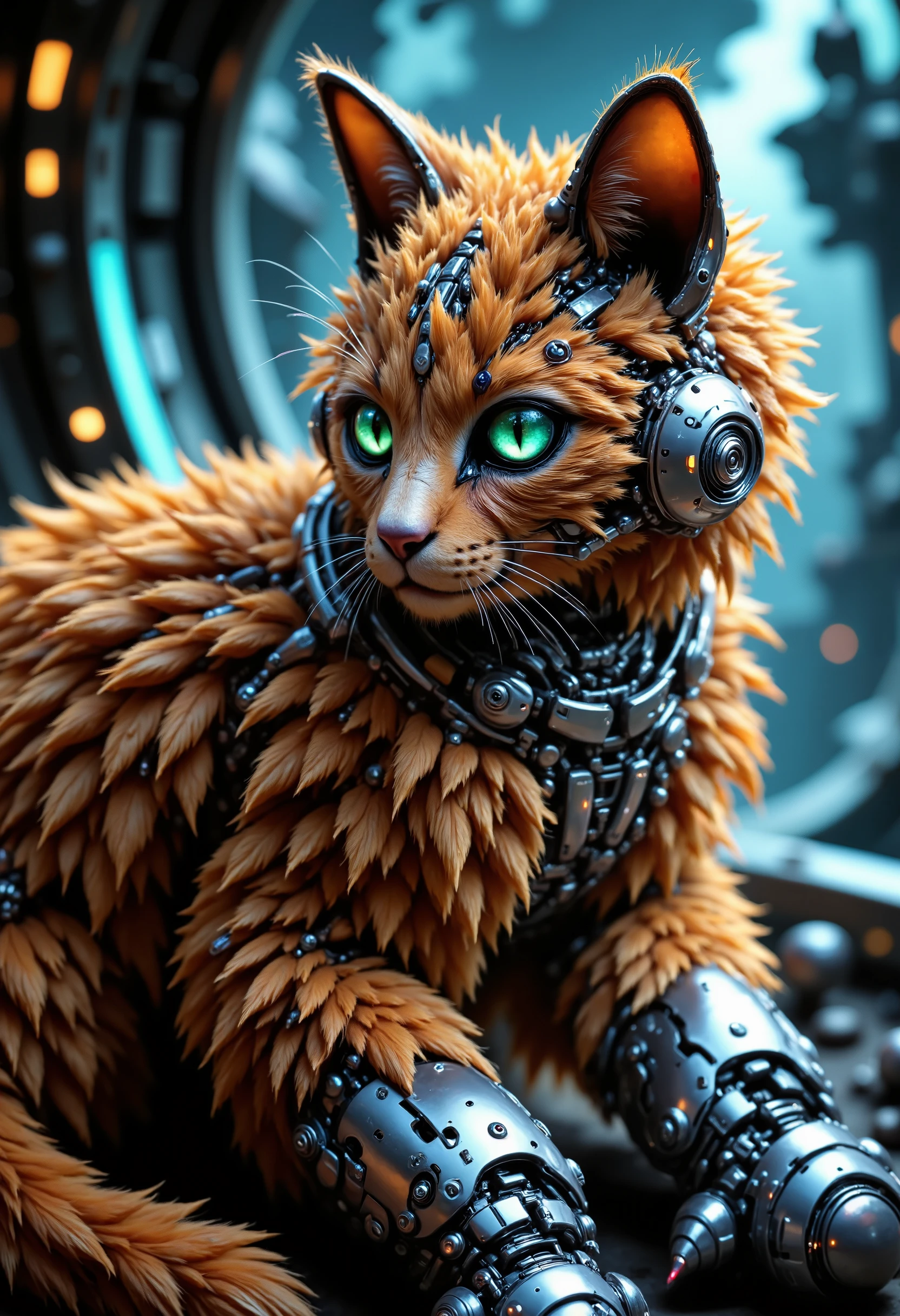 Red-haired gorgeous cyborg cat is an advanced animatronic an amazing combination of organic and mechanical. The cat is half a robot. Metal and carbon fiber inserts are visible on the back and paws, which give it a unique liquidity and strength. A large number of cyber equipment, wires and screens. detailed fur, neon green eyes, head of a cyberpunk cat, fluffy body, (excellent anatomy), good proportions, (cyber pads on paws and head), cyber helmet, shiny surfaces, cosmic lighting, soft neon light, AI-a mechanistic cat, (lazily lies at the porthole and looks into open space). Cyberpunk style. Colors: blue, yellow, green, light blue, HD, best quality, absurd, (ultra-high resolution. Ultra-sharp image, (Best quality: 1.3, 32k, high resolution: 1.3. 4x, ultra-sharp, with high detail.