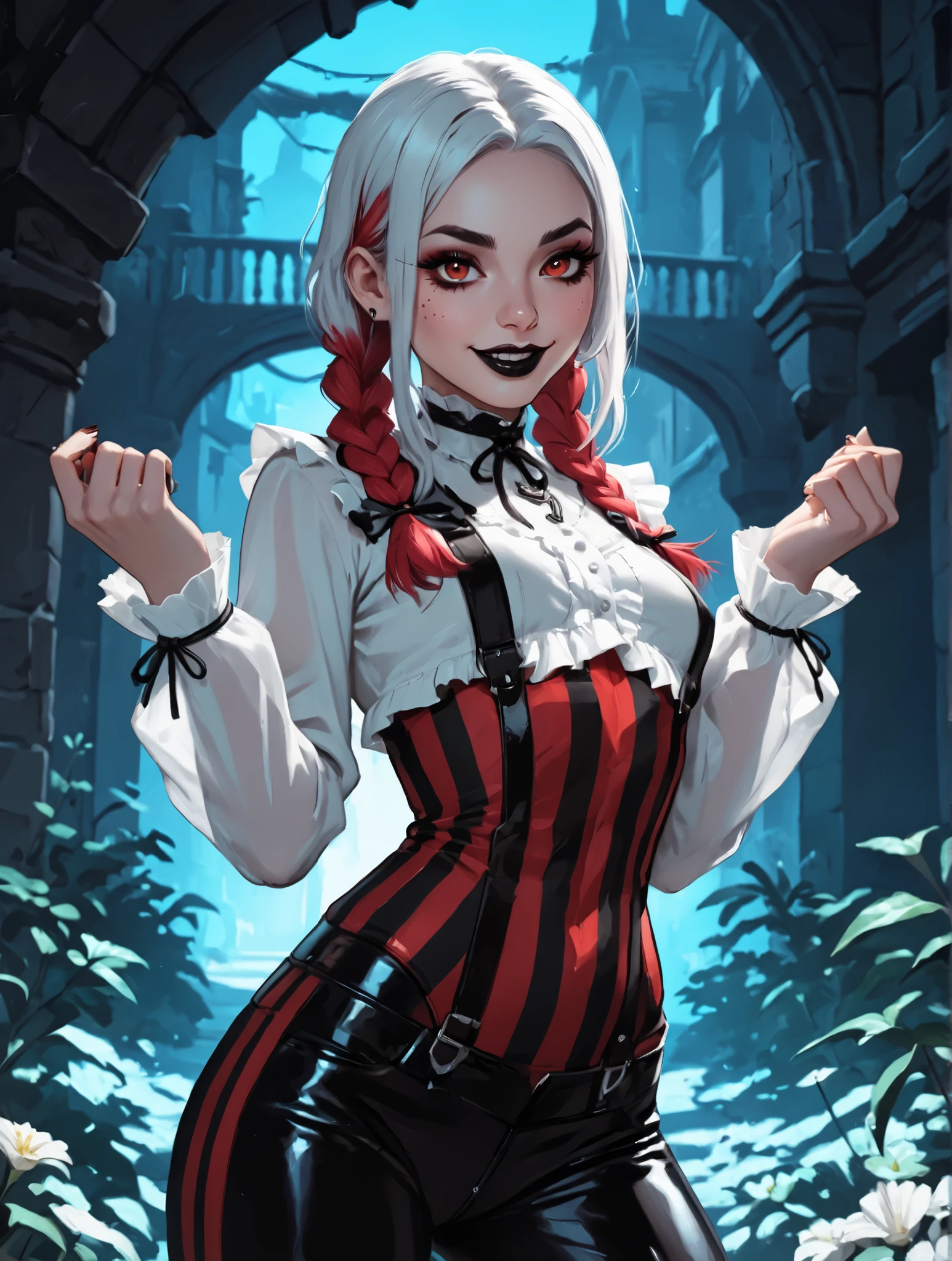 Drawn like the artist Bob Kehl. Goth girl. Phaedra from Fortnite with white and dark hair, deep red-coloured eyes, slanted Asian eyes, black eyeliner, black lipstick, with sharp teeth, athletic body and abs. Small breasts. Slender and athletic. Cute, round and young face. White highlights in her hair. She wears black snake-leather clothing with snakeskin-texture and suspenders. She also wears an amber necklace. She has small breasts. She smiles awkward-ly. Atmospheric lighting. She looks like Wednesday Adams. Box-art. DnD-art-style. Looking at the viewer. Background: Spanish medieval town