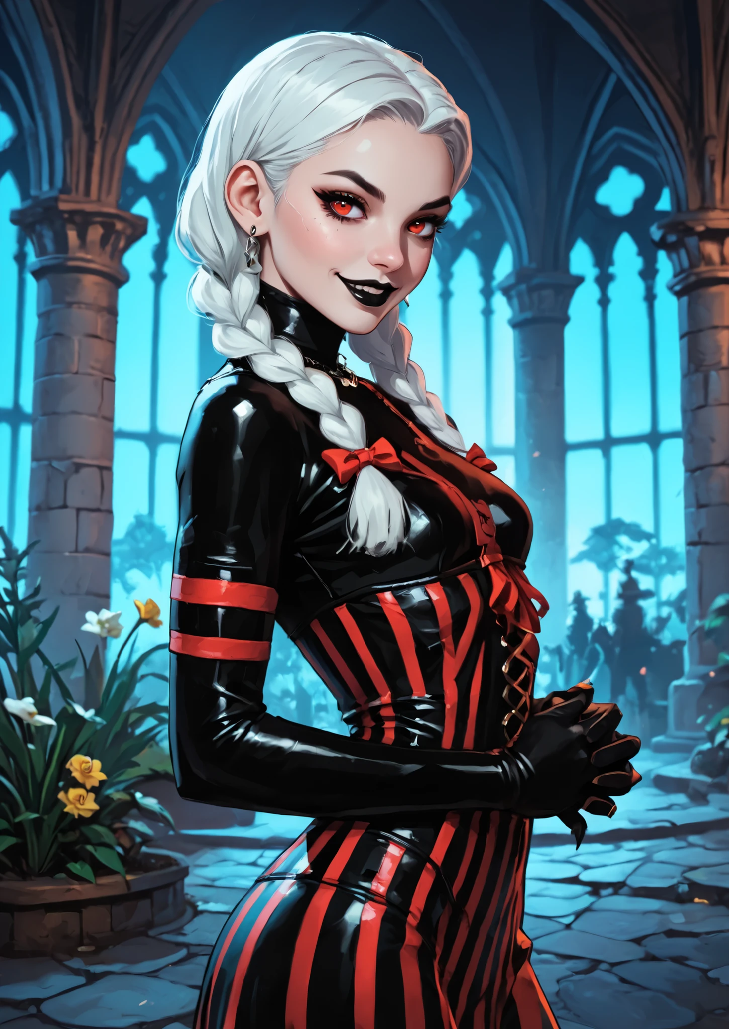 Drawn like the artist Bob Kehl. Goth girl. Phaedra from Fortnite with white and dark hair, deep red-coloured eyes, slanted Asian eyes, black eyeliner, black lipstick, with sharp teeth, athletic body and abs. Small breasts. Slender and athletic. Cute, round and young face. White highlights in her hair. She wears old black snake-leather clothing with snakeskin-texture. She also wears an amber necklace. She has small breasts. She smiles awkward-ly. Atmospheric lighting. She looks like Wednesday Adams. Box-art. DnD-art-style. Looking at the viewer. Background: Spanish medieval town