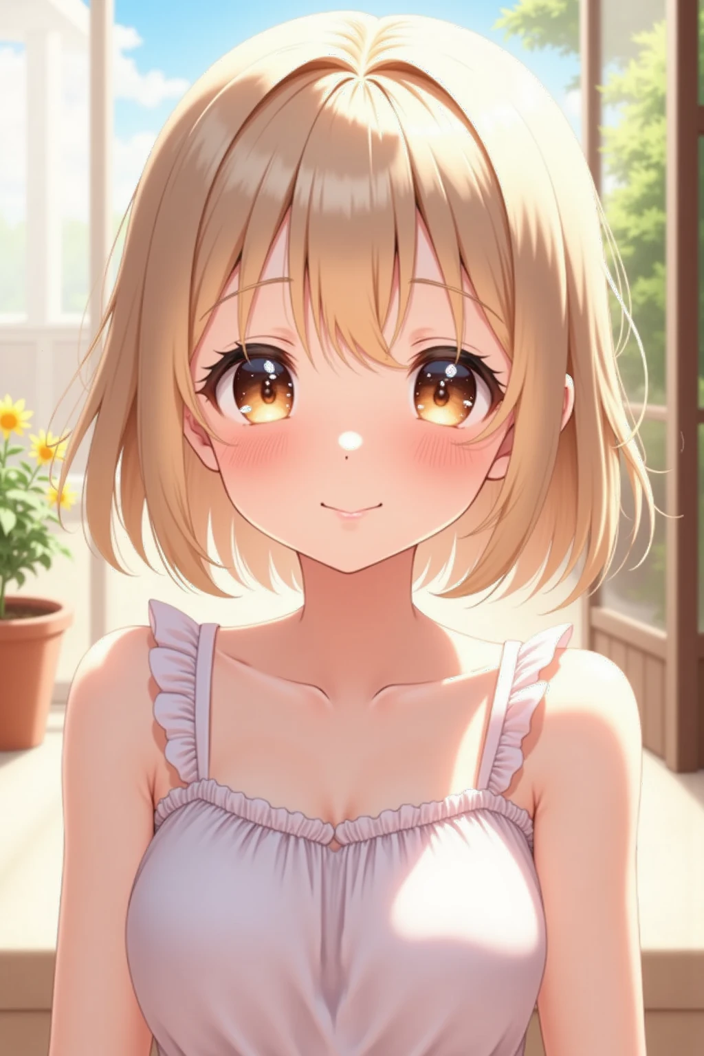 1 girl, 18yo, (flat : 1.5), blue eyes, light brown hair, bob cut, summer outfit, smile, open mouth, lily fields, pink lily, orange lily, upper body, bule sky, 8k, RAW photo, best quality, masterpiece, extremely detailed 8k wallpaper, ultra-detailed, best shadow, detailed background, beautiful detailed face, beautiful detailed eyes, nice hands, perfect hands