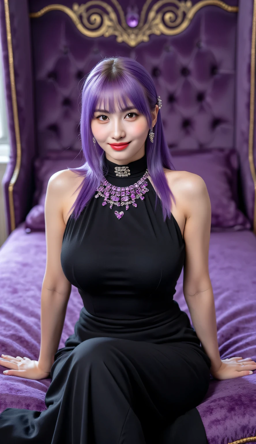 portrait of a princess sitting on a glamorous purple bed, body facing the camera, front body POV, wearing a floor-length sleeveless dark black turtleneck dress, dress covering chest, bright purple hair, bright red lipstick, adorned with numerous jewels including purple jewelry necklace, purple jewelry earrings, elegant tiara, sweet smile, beautiful young queen, pale skin, looking at viewer, high resolution, stunning portrait, artistic portrait photography, detailed embroidery on bed, royal bedroom setting, soft lighting, 8k quality, ultra realistic image, masterpiece