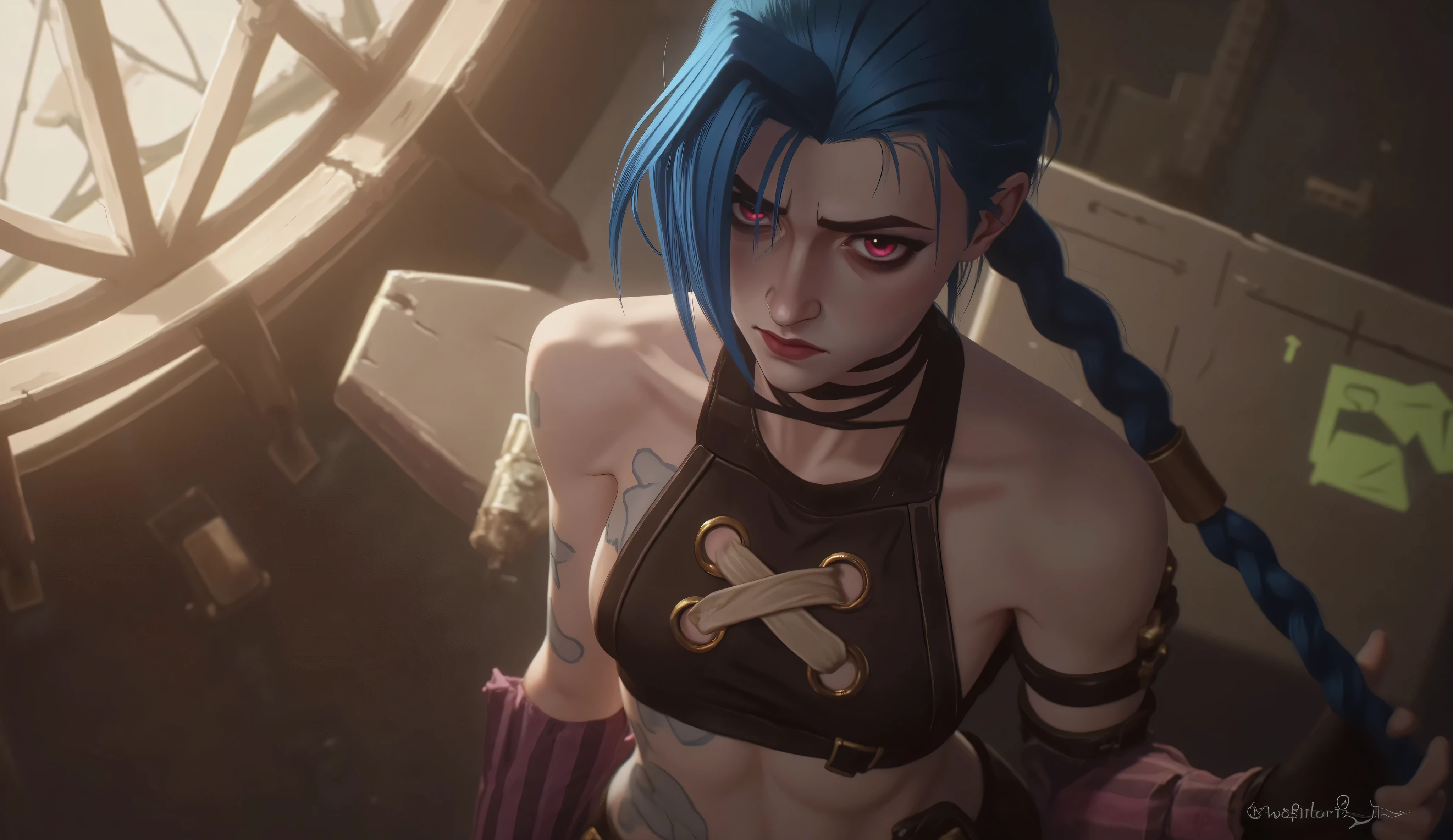 class, check_9 , class, check_8_ up , class, check_7_ up , beautiful figure, erotic figure, posing game, beautiful pose, очень sexy, erotica, Close-up face, Tower stern, sun. bright colors, focus on the eyes, очень detailed , detailed , Jinx , прикрывает голую chest, standing sideways to the viewer, very sexy , erotica , facial composition center , woman with blue hair and черный топ , facing the viewer , erotica ,(aerial view:1 . 2 . ) , (( facing the viewer : 1 . 2 . )) , (( chest : 1 . 2 . ) , (correct anatomy: 1 . 1 . ) , sexy ,long hair , asymmetric bangs , voluminous hairstyle , current makeup , without tails , voluminous hair slim figure , tight striped pants , red and pink eyes , hair is loose , 1girl , One , long hair , shiny , sophisticated detailed background,