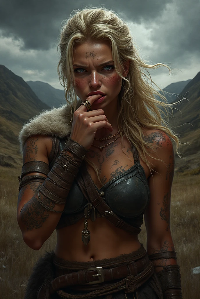 Helen Skelton, in Braveheart, close-up action shot from ground level,  Celtic warrior with blue Celtic tattoos, woad, shouting, sweating, damp hair, on a bloody battlefield