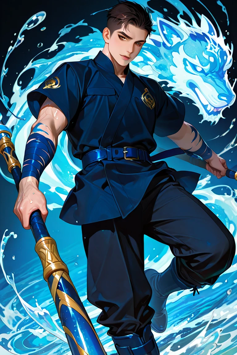 (Martial arts style works),(quality),(height),(Detailed background of a young boy.),(Water element),(beautiful),(Wearing a blue and white traditional Chinese dress),(Thin, shiny muscles)(light and shadow),(1 man),(ornamentation),(Chinese anime subtitles),(One blue sky ring)
