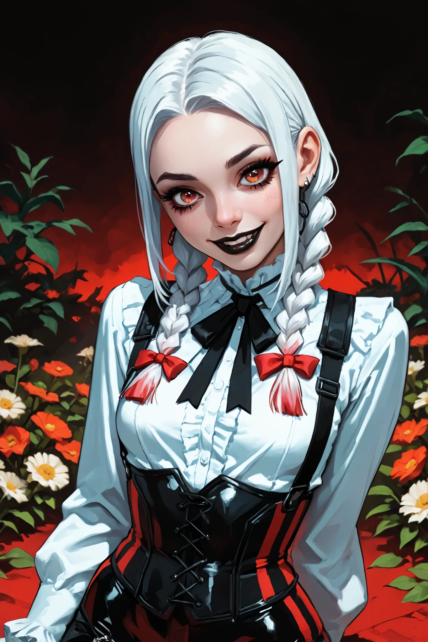 Drawn like the artist Bob Kehl. Goth girl. Phaedra from Fortnite with white and dark hair, deep red-coloured eyes, slanted Asian eyes, black eyeliner, black lipstick, with sharp teeth, athletic body and abs. Small breasts. Slender and athletic. Cute, round and young face. White highlights in her hair. She wears black snake-leather clothing with snakeskin-texture and suspenders. She also wears an amber necklace. She has small breasts. She smiles awkward-ly. Atmospheric lighting. She looks like Wednesday Adams. Box-art. DnD-art-style. Looking at the viewer. Background: Spanish medieval town