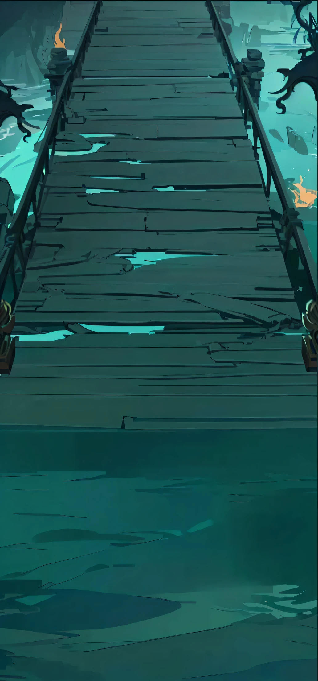 There is a long wooden bridge spanning the water surface, with abandoned Chinese style cartoon buildings in the background, a dark blue and white background, a 2D game cartoon scene style, a dark game background, a wooden plank bridge, an arena background, a background artwork, and two lion sculptures in the foreground. The cutscene animation is drawn in the game concept art style